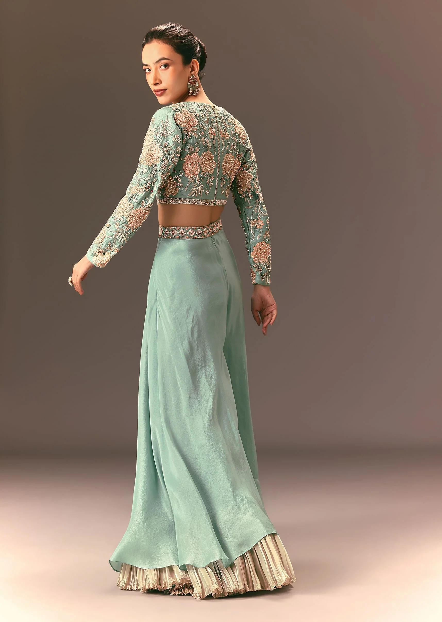 Turquoise Blue Raw Silk Hand Work Palazzo Suit - Image 5