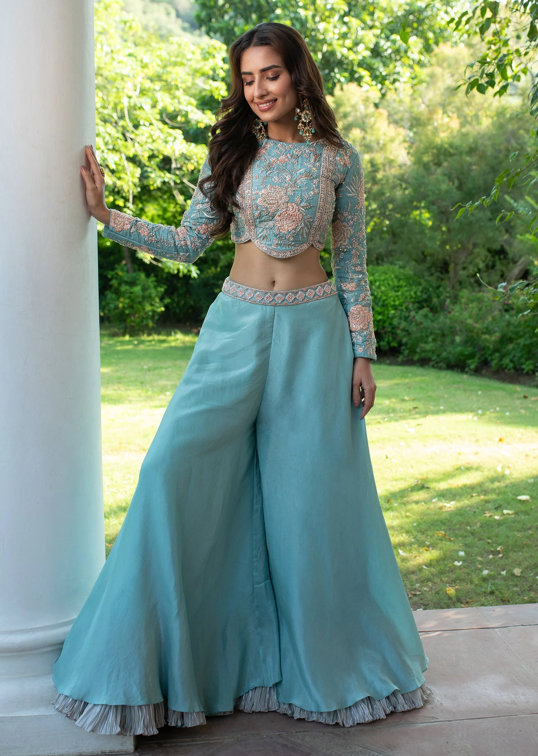 Turquoise Blue Raw Silk Hand Work Palazzo Suit - Image 6