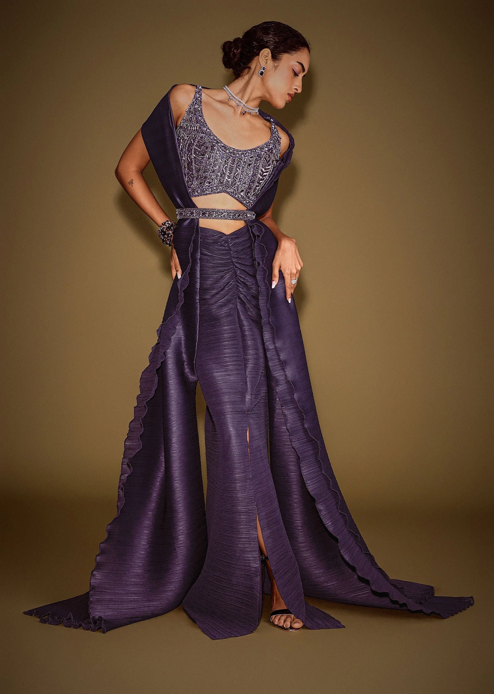 Violet Drape Skirt With Embroidered Blouse Belt And Dupatta - Image 2