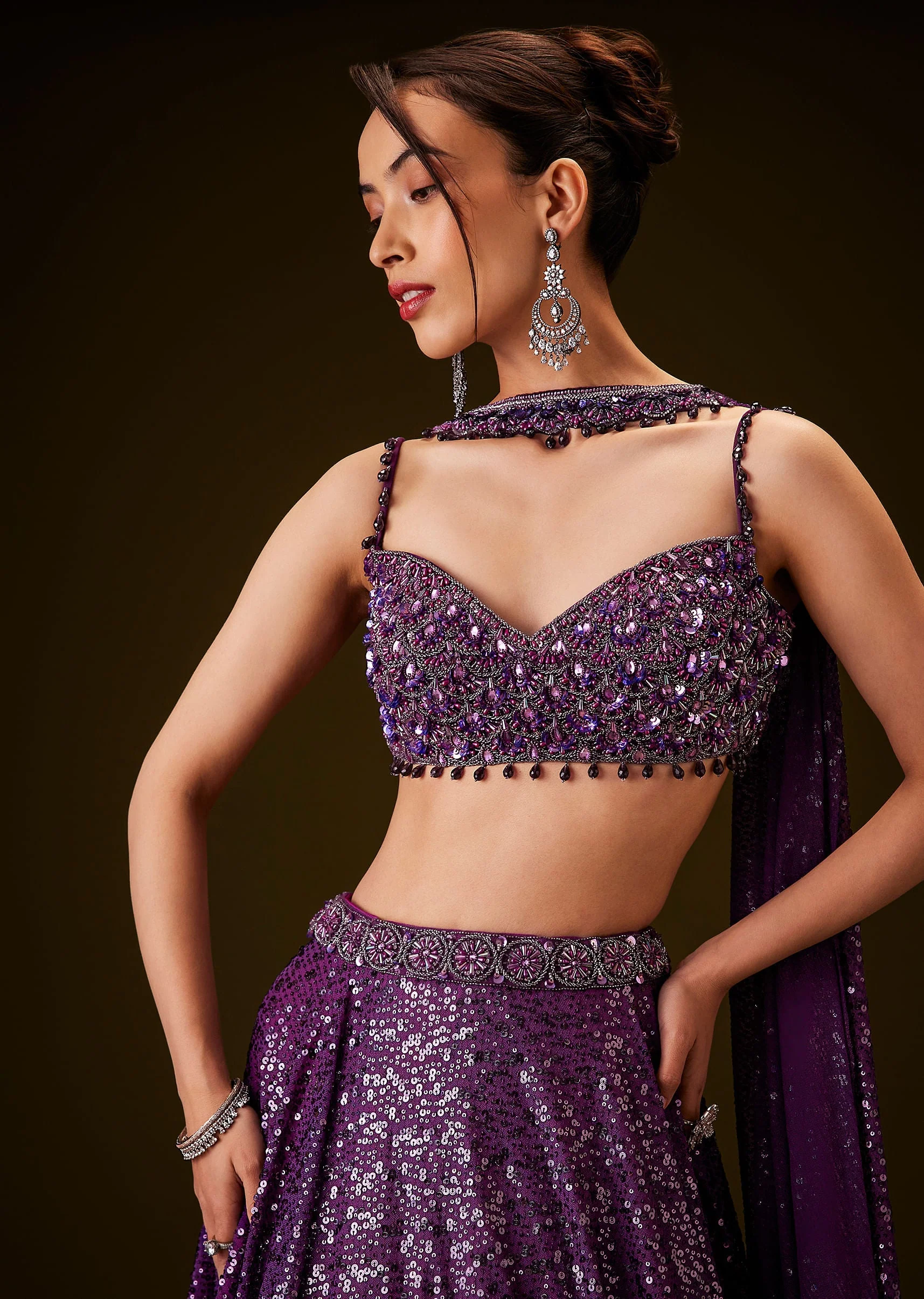 Violet Sequin Lehenga Set With Hand Embroidered Choker Dupatta - Image 4