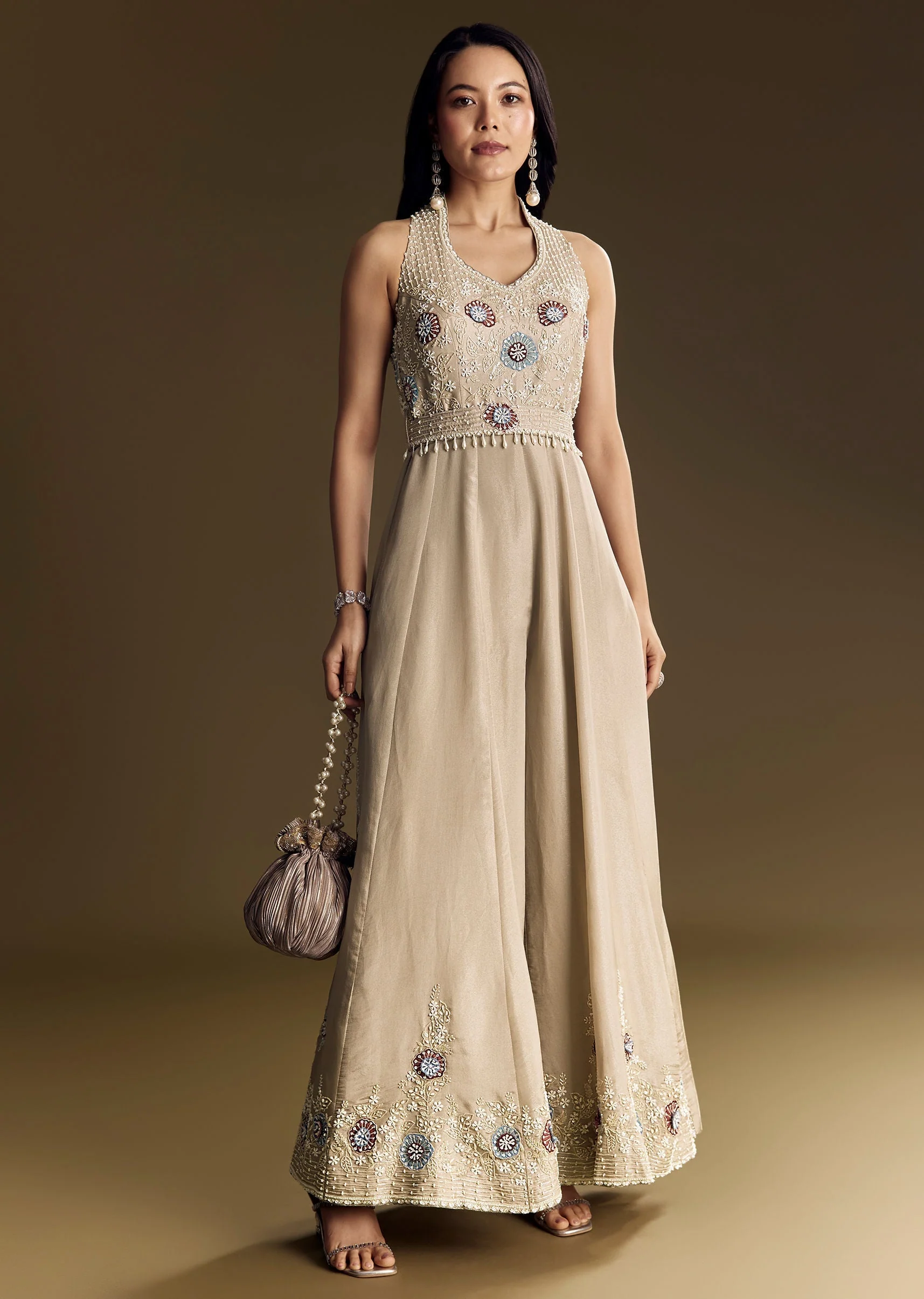 Warm Grey Indowestern Jumpsuit With Cut Dana And Sequin Embroidery - Image 2