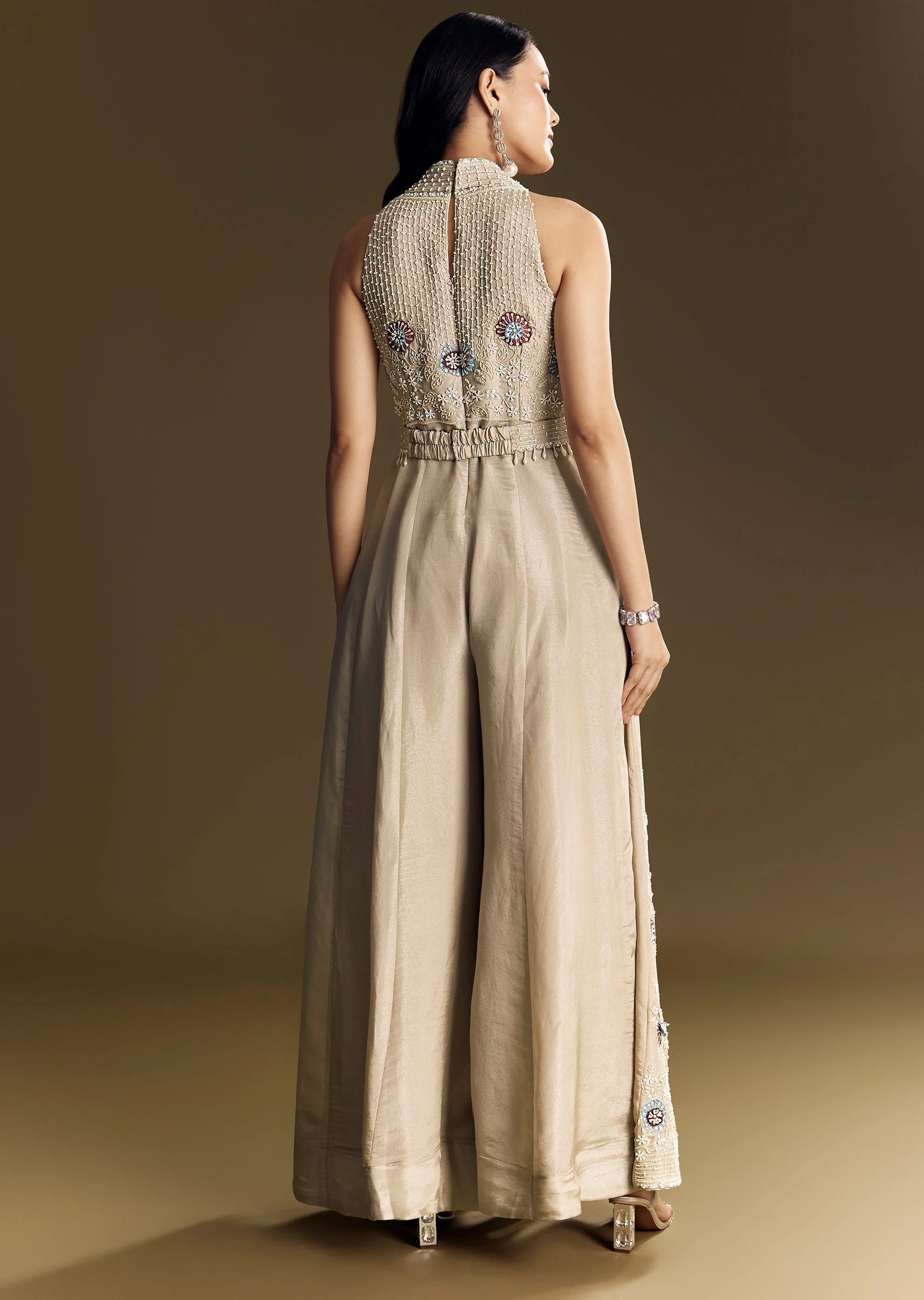 Warm Grey Indowestern Jumpsuit With Cut Dana And Sequin Embroidery - Image 5