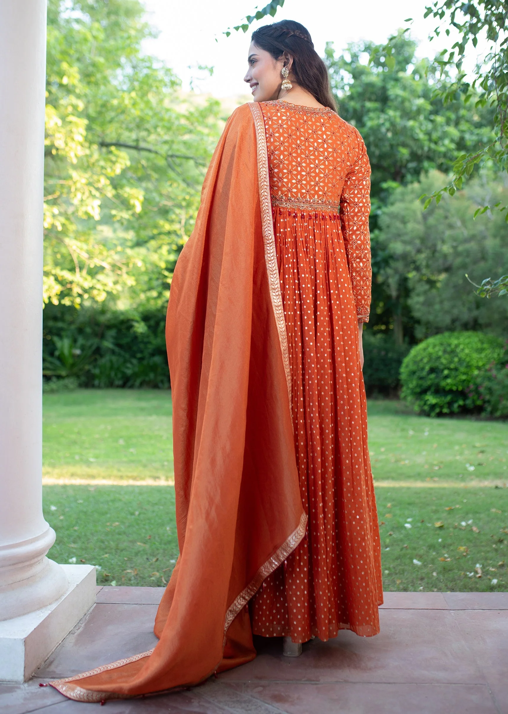 Warm Rust Orange Brocade Cutdana Beaded Anarkali Suit - Image 4