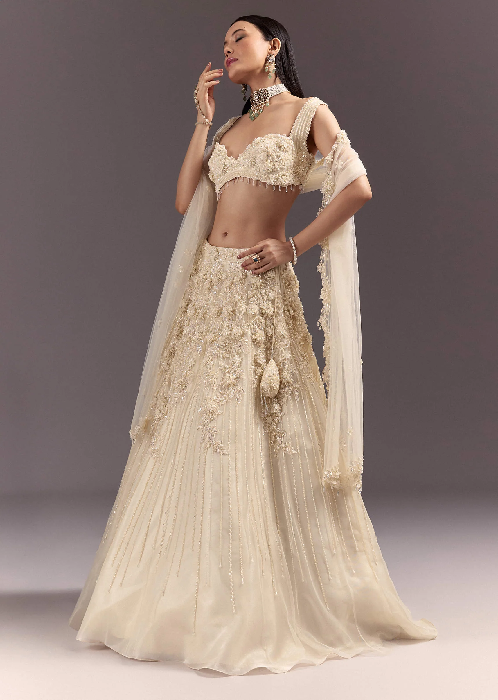 White Bustier Lehenga Set With 3D Floral And Mirror Work - Image 4