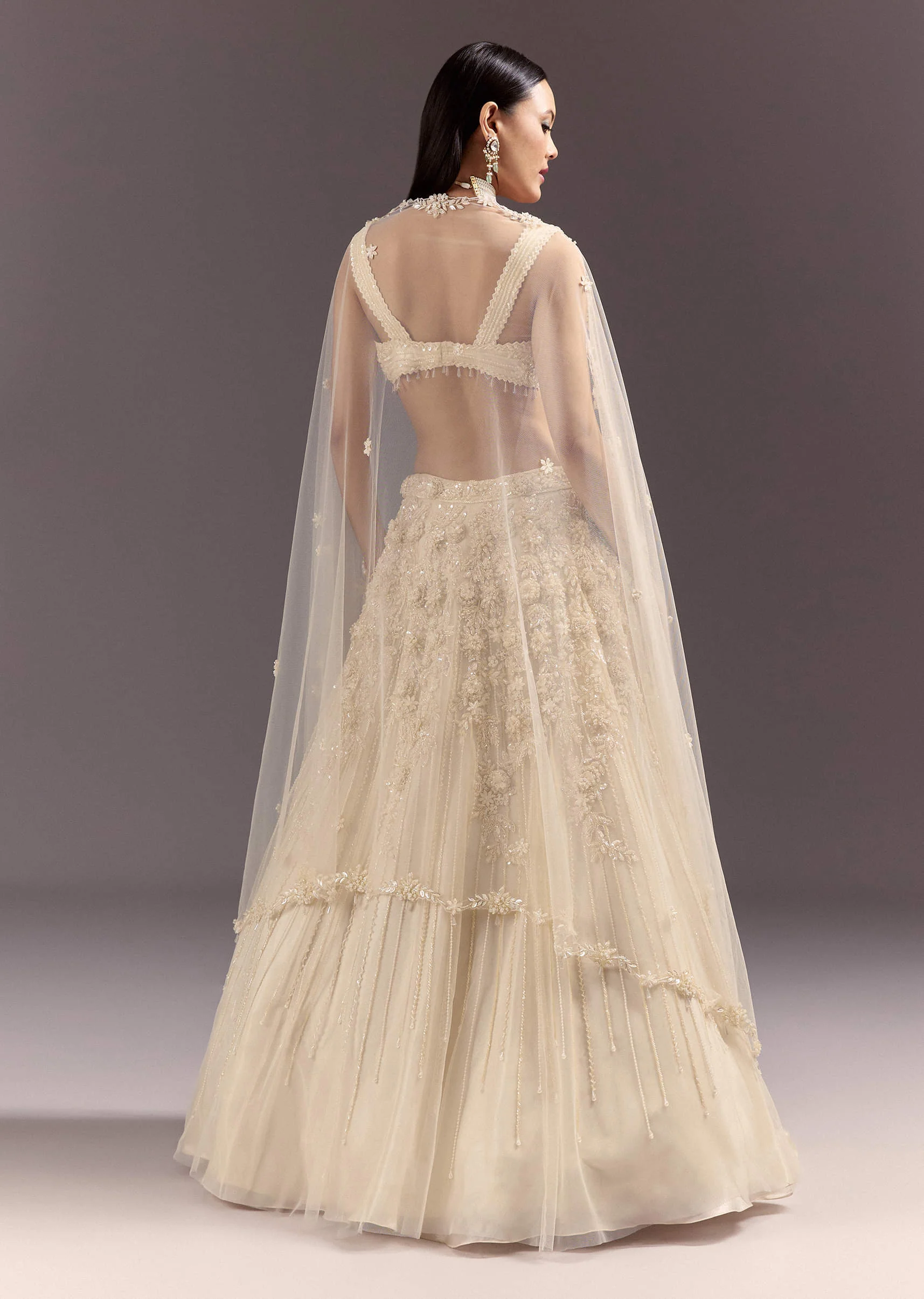 White Bustier Lehenga Set With 3D Floral And Mirror Work - Image 5
