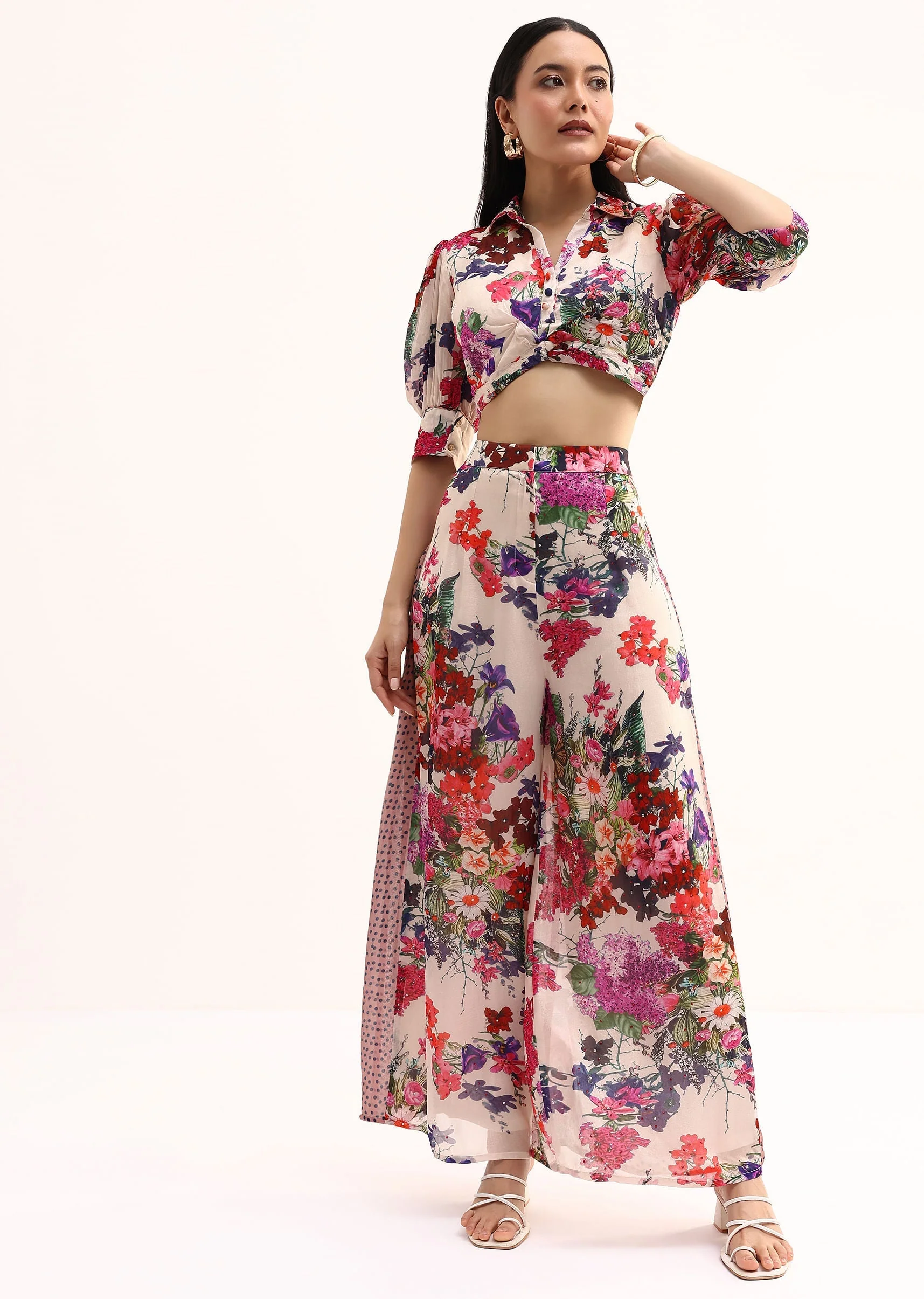 White Floral Printed Chinon Crop Top And Palazzo - Image 3