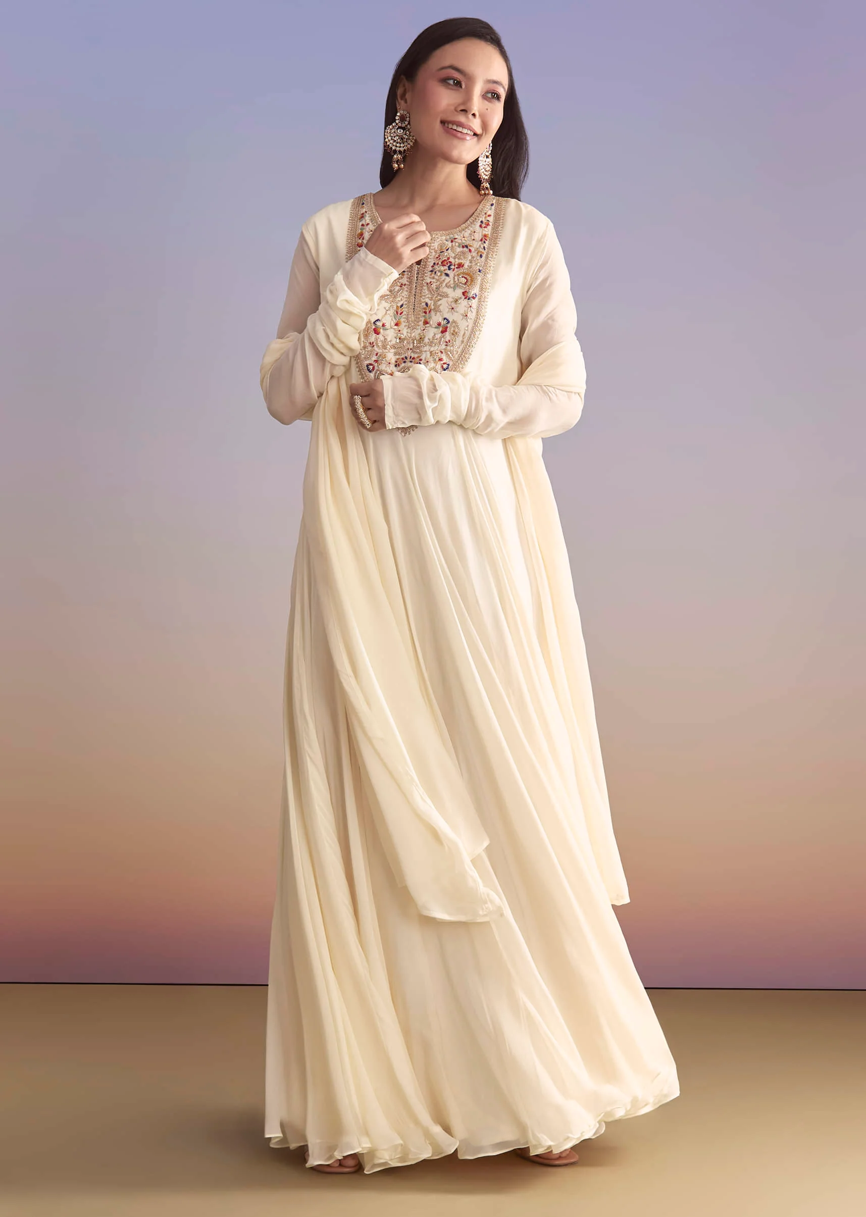 White Georgette Anarkali Suit With Resham and Sequins Work - Image 3