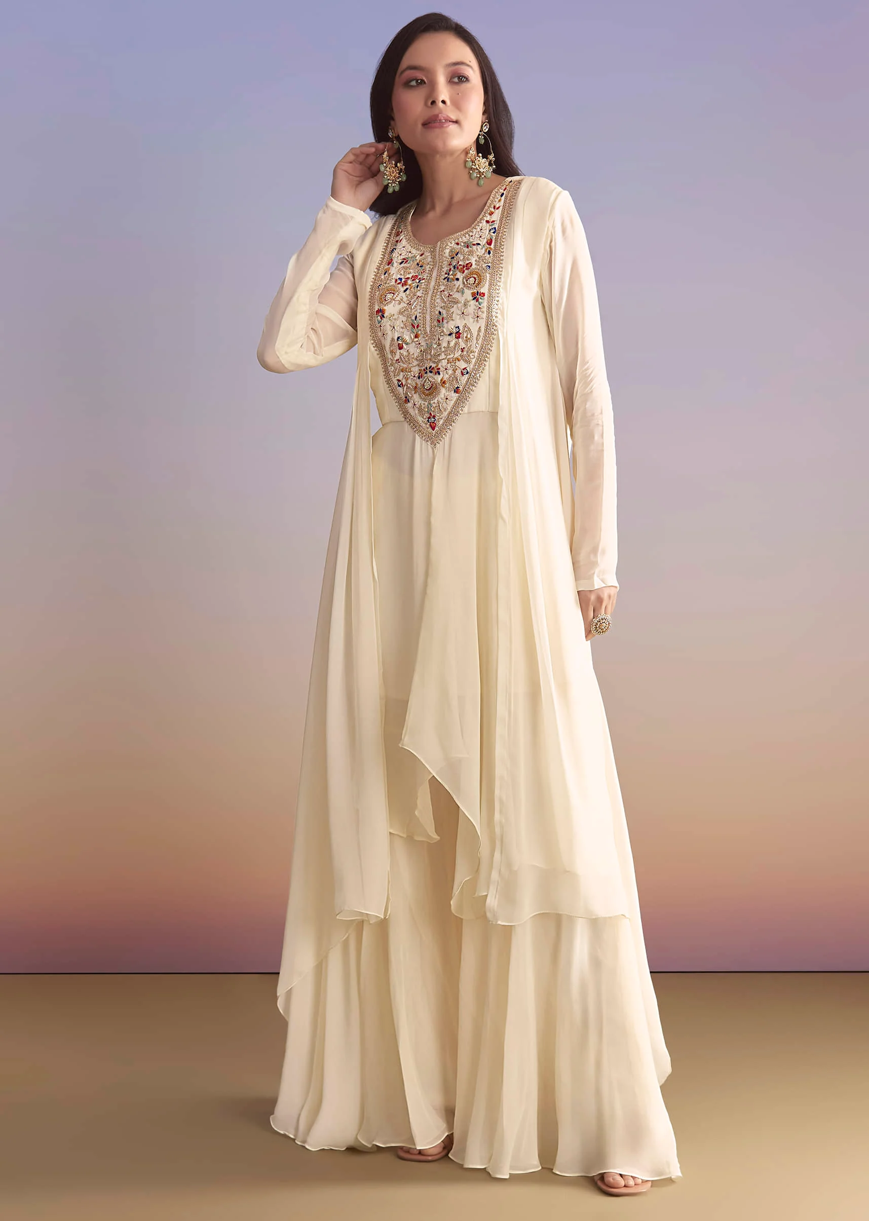White Georgette Palazzo Suit With Resham and Sequins Embroidery - Image 4