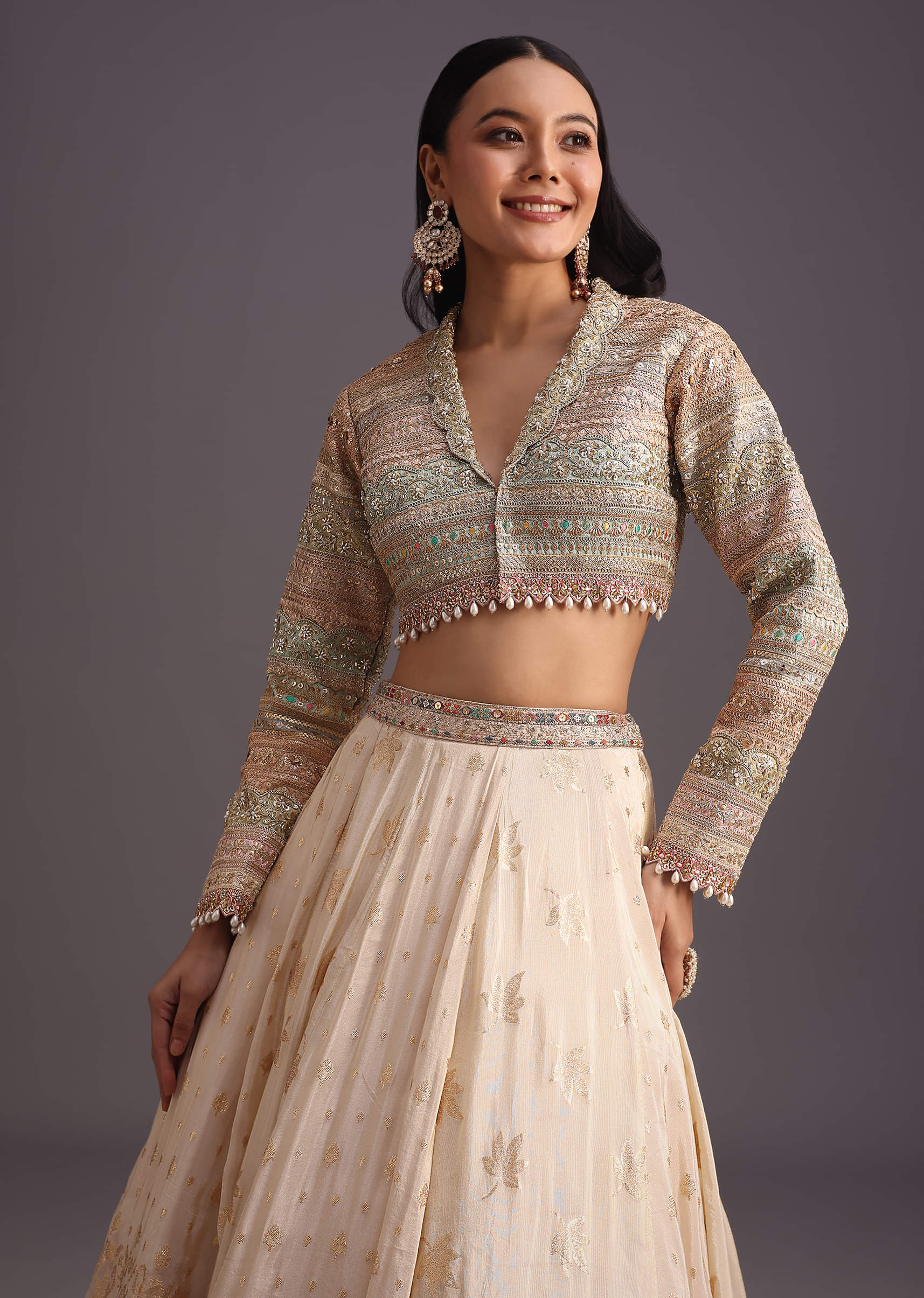White Gotta Work Choli With Banarasi Weave Lehenga - Image 6