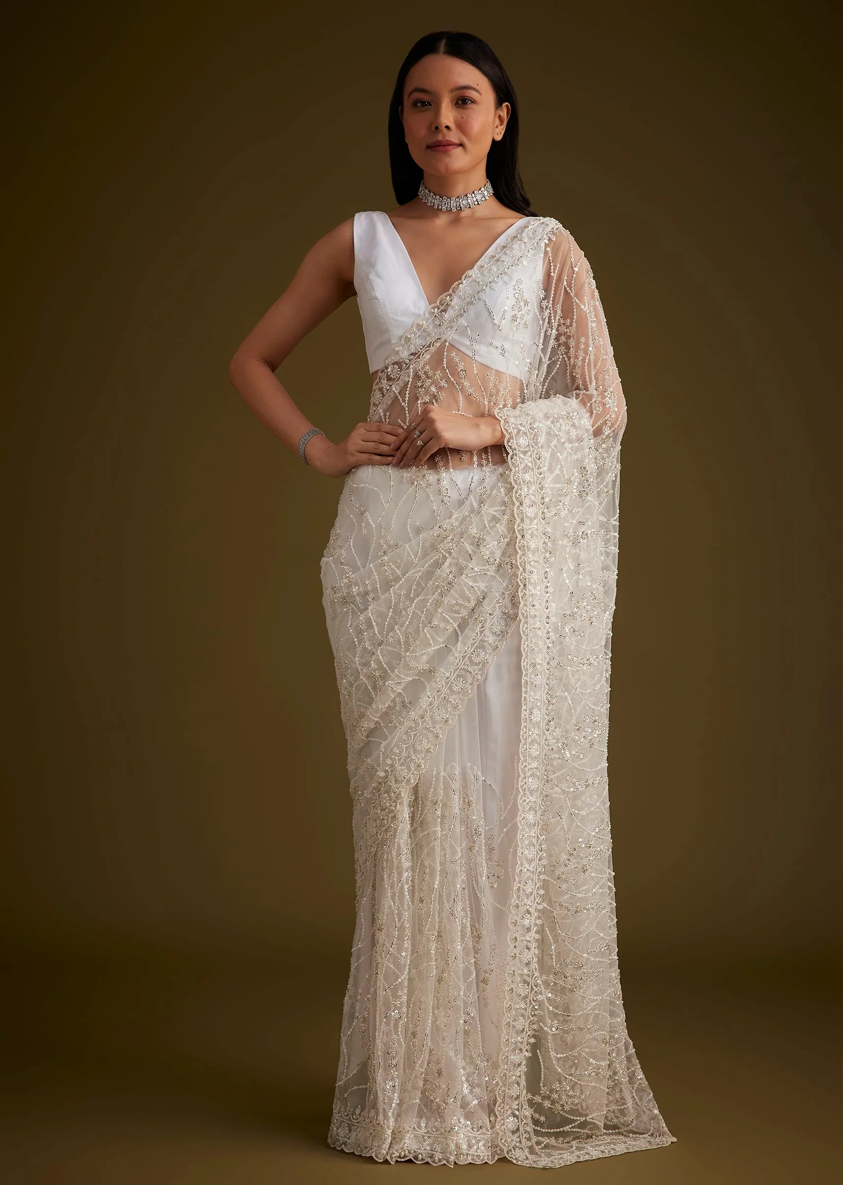 White Net Saree With Sequins And Stones Embroidery - Image 3