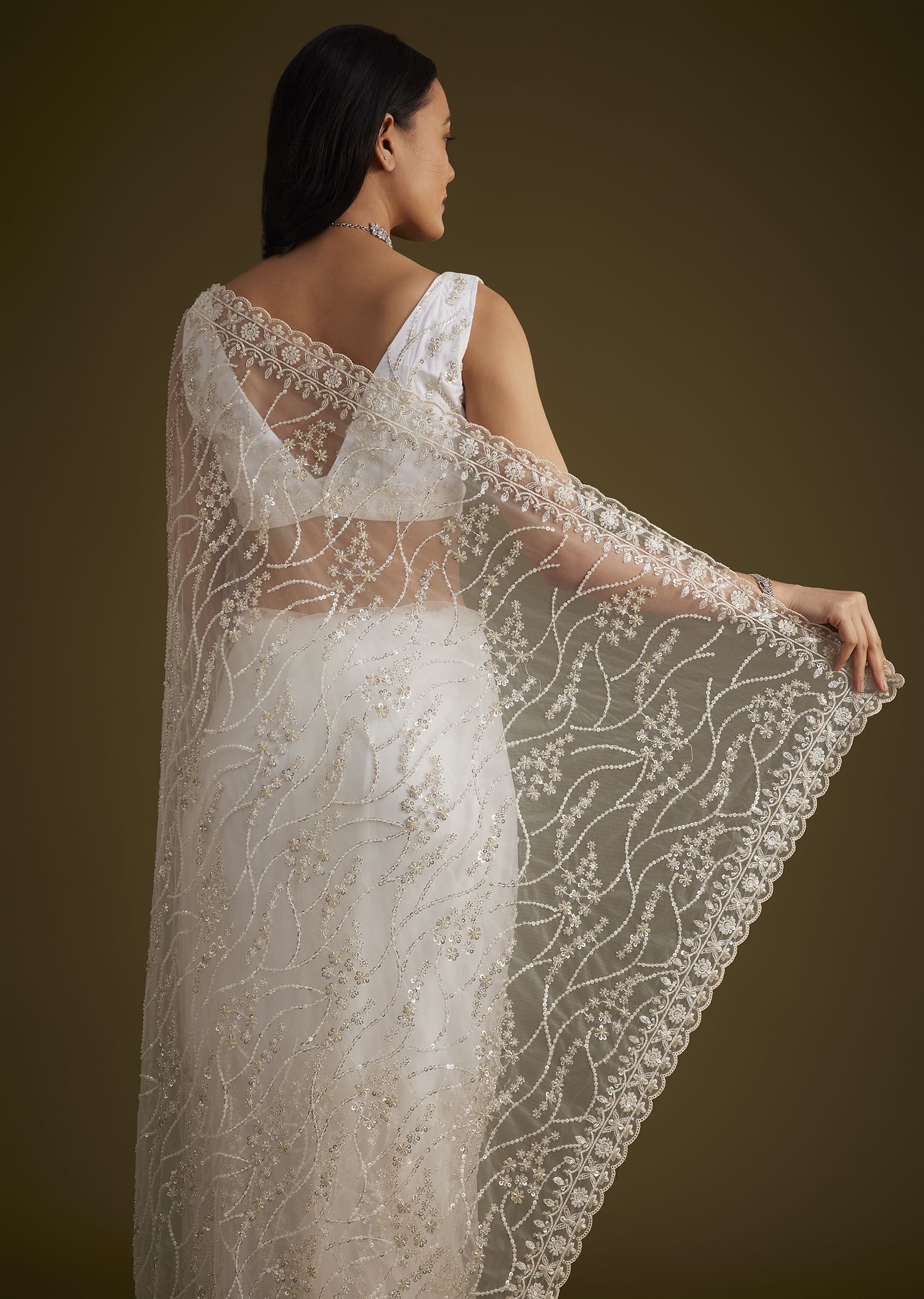 White Net Saree With Sequins And Stones Embroidery - Image 6