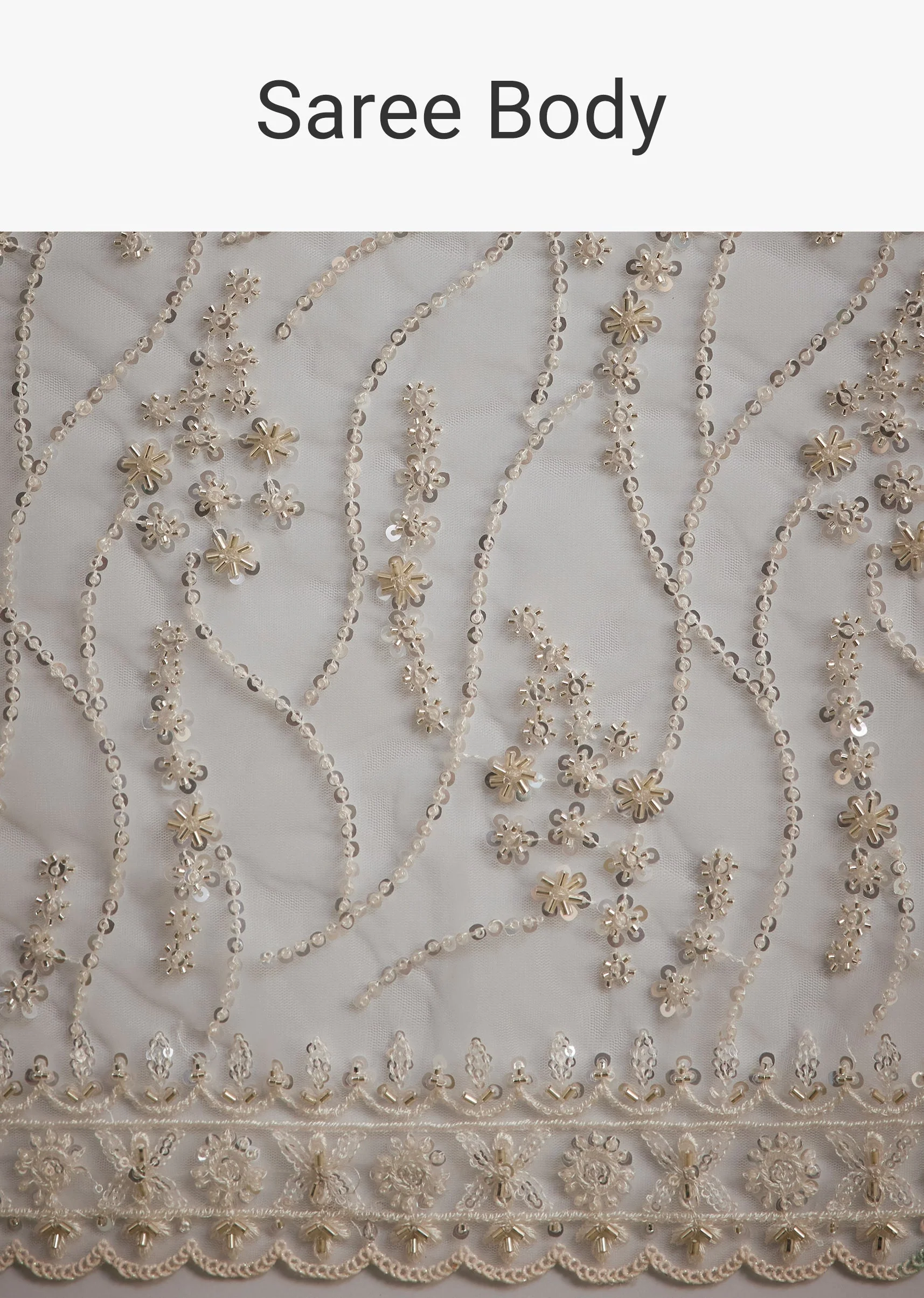 White Net Saree With Sequins And Stones Embroidery - Image 9
