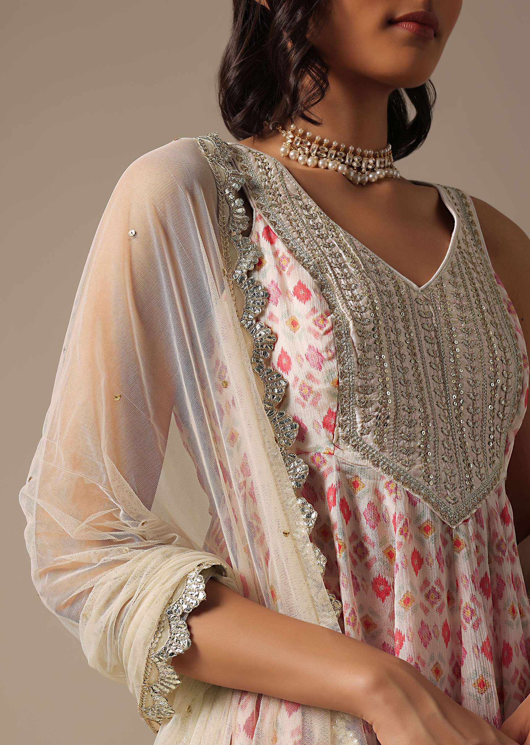 White Printed Sharara Set With Sequin Work - Image 4