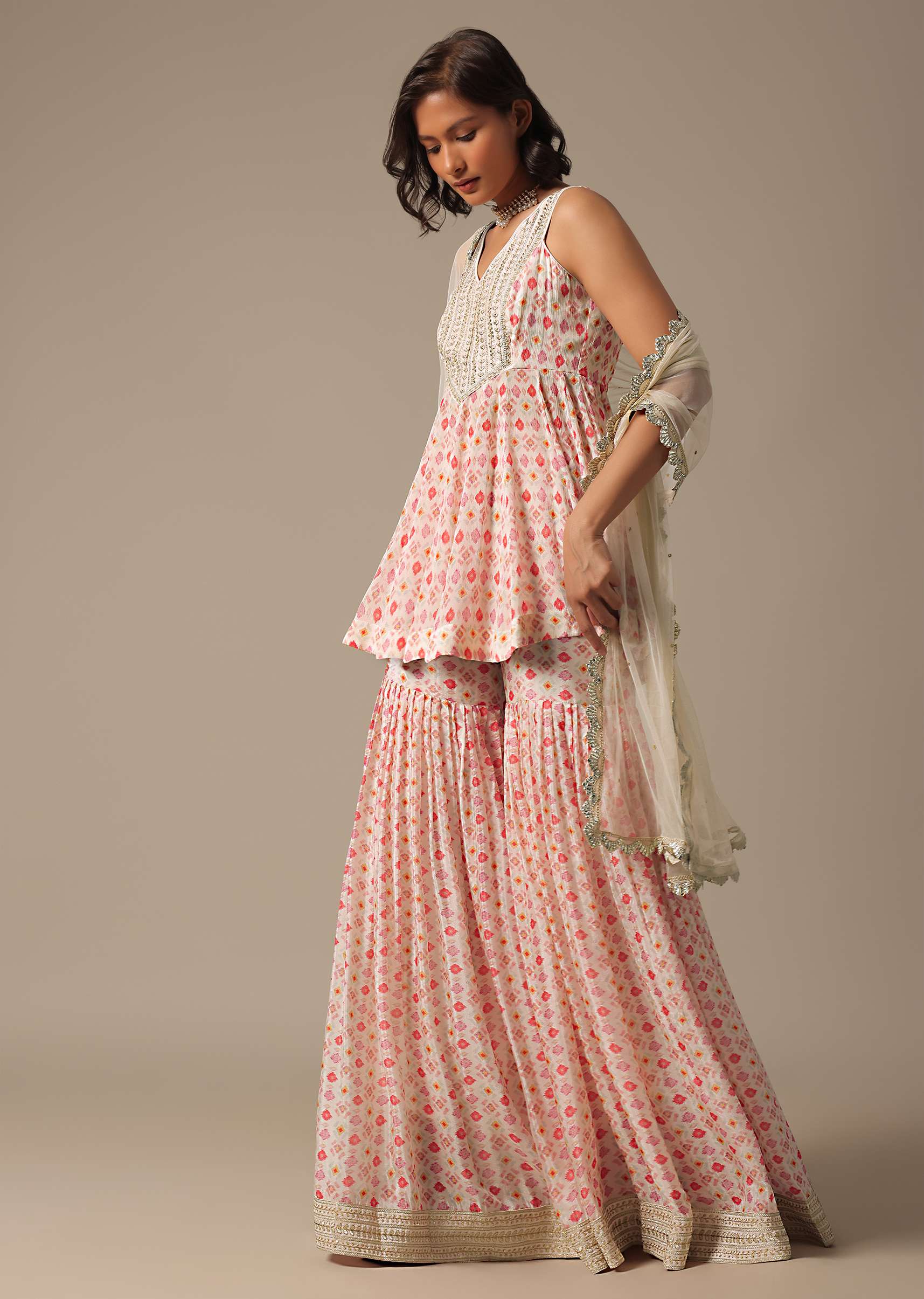 White Printed Sharara Set With Sequin Work - Image 8