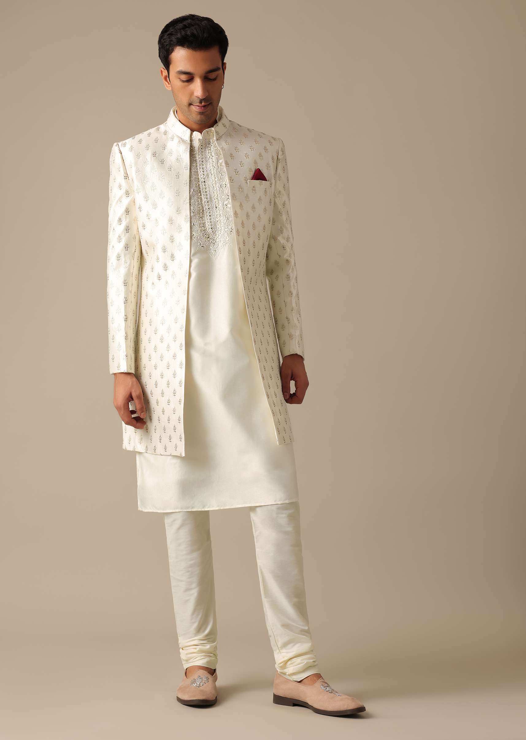 White Silk Embroidered Sherwani Set - Image 16