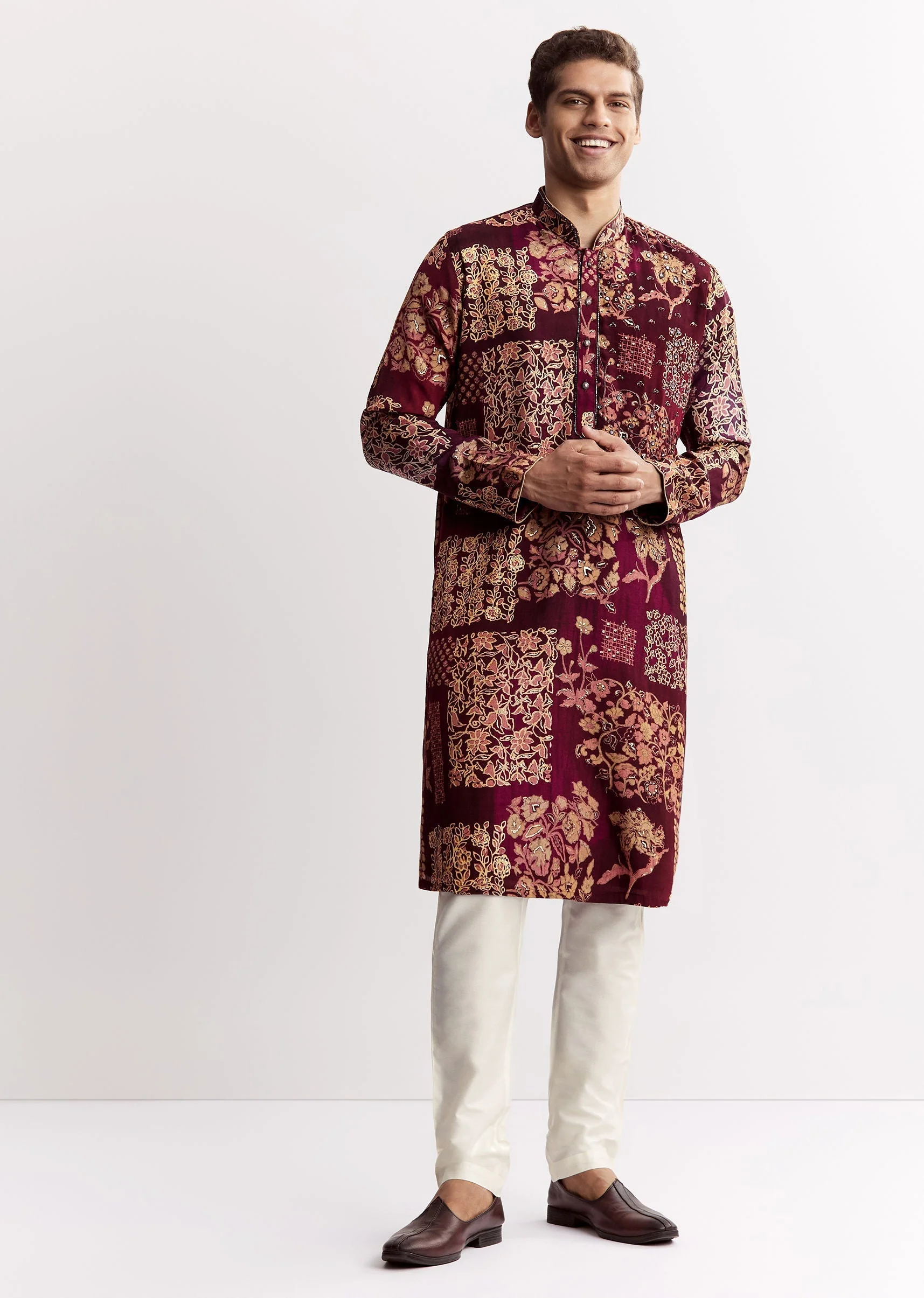 Wine Chanderi Kurta Set With Stone Sequins And Cutdana Work - Image 2