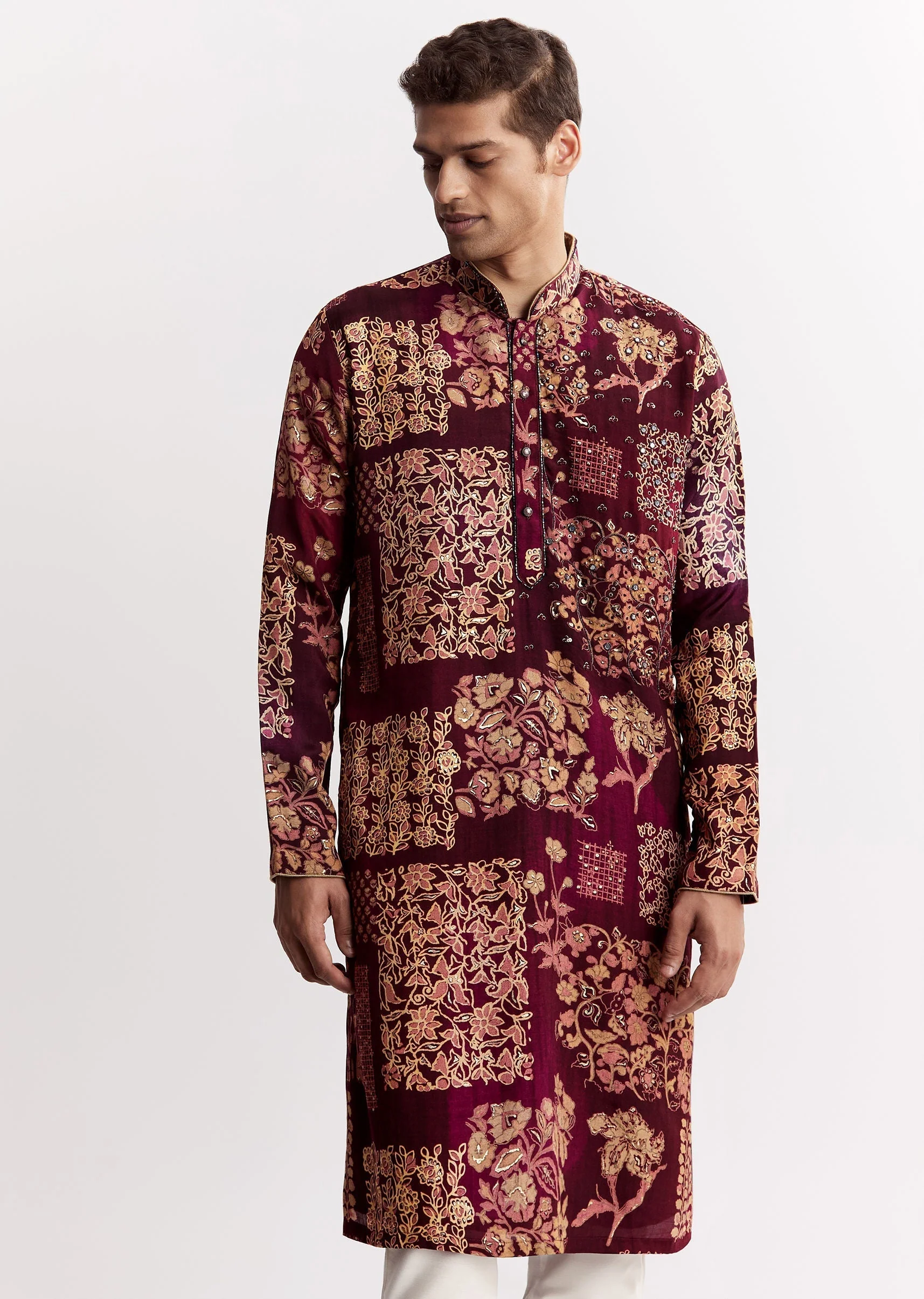Wine Chanderi Kurta Set With Stone Sequins And Cutdana Work - Image 3