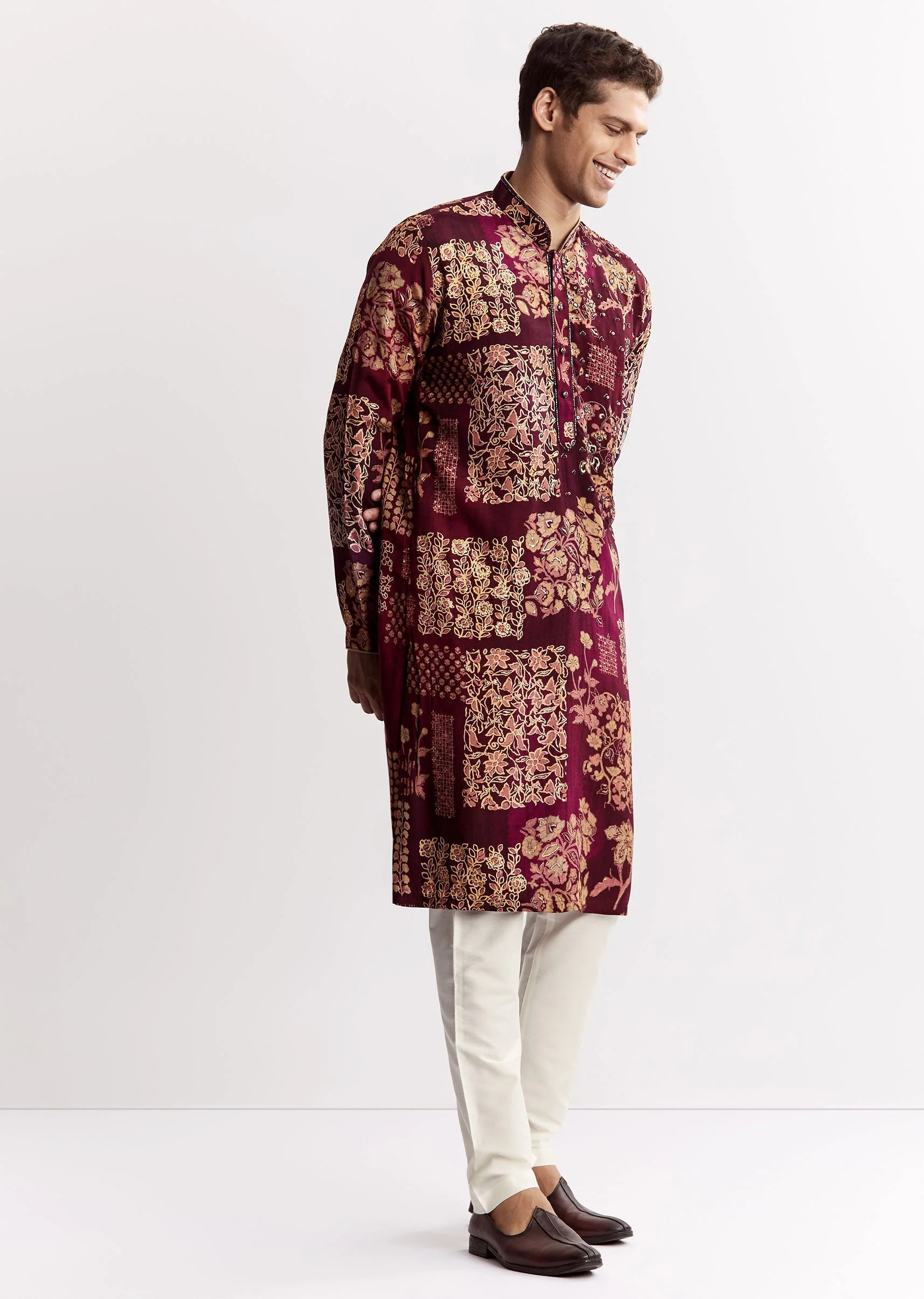 Wine Chanderi Kurta Set With Stone Sequins And Cutdana Work - Image 4