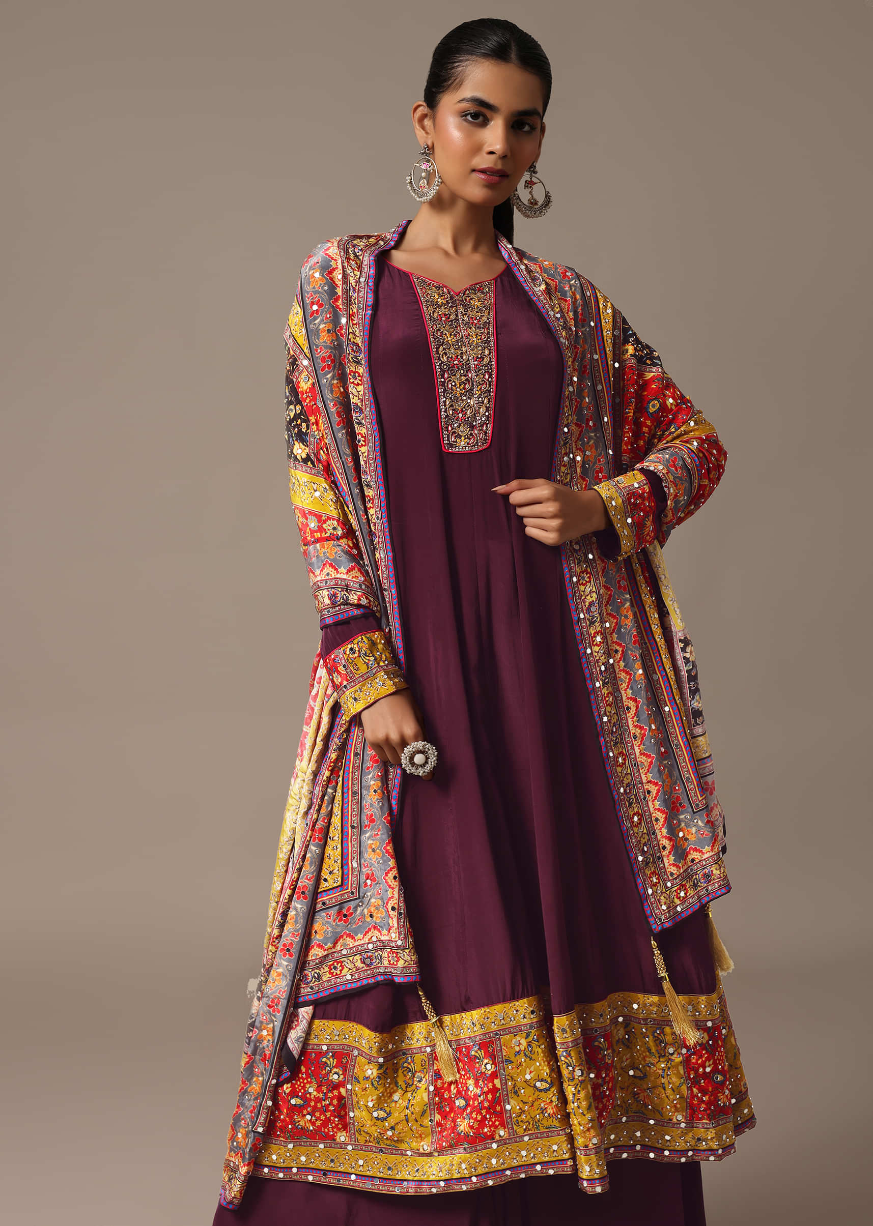 Wine Embroidered Kurta Palazzo Set With Mirror Work Dupatta - Image 4