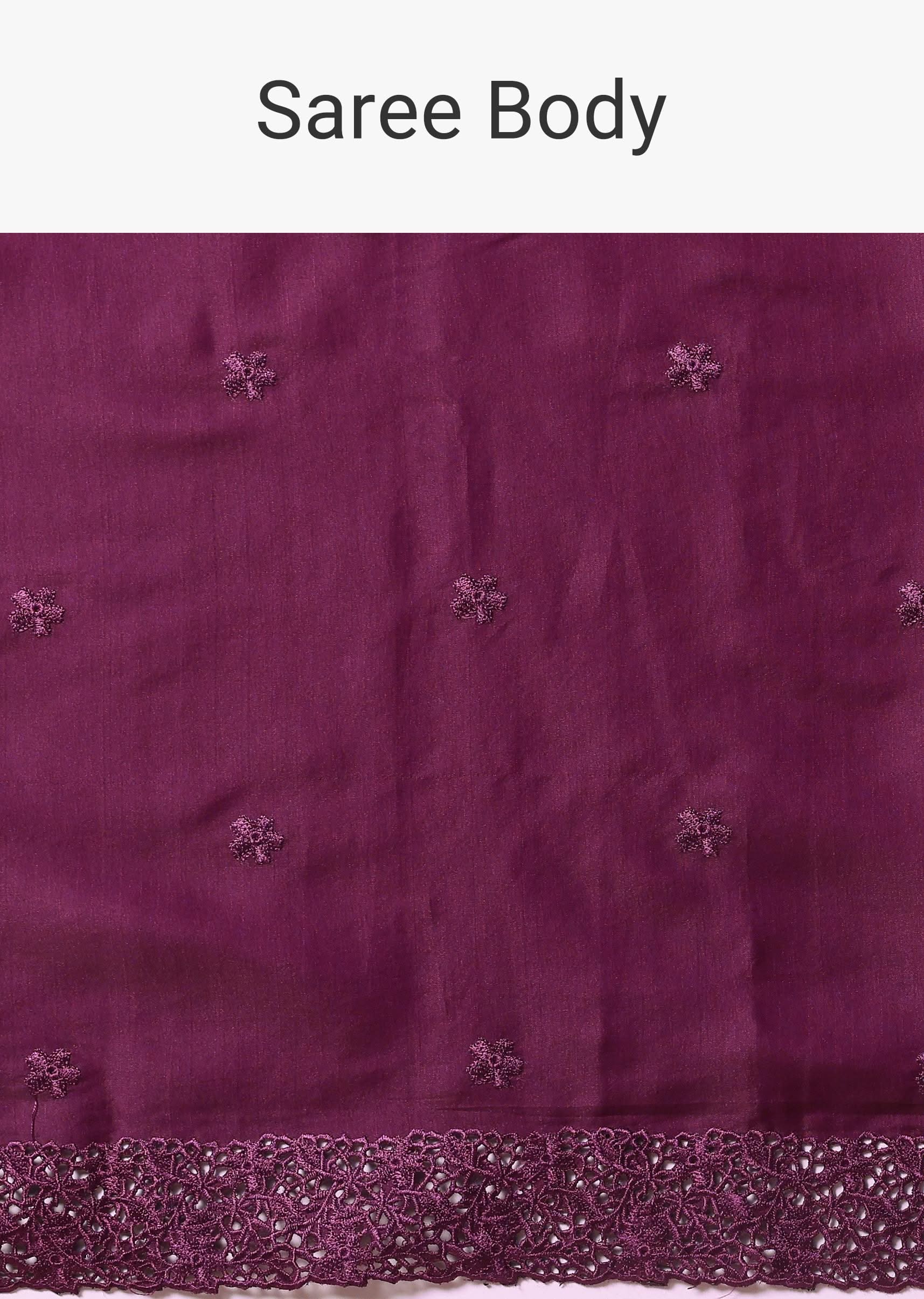 Wine Embroidered Tussar Saree With Unstitched Blouse - Image 10