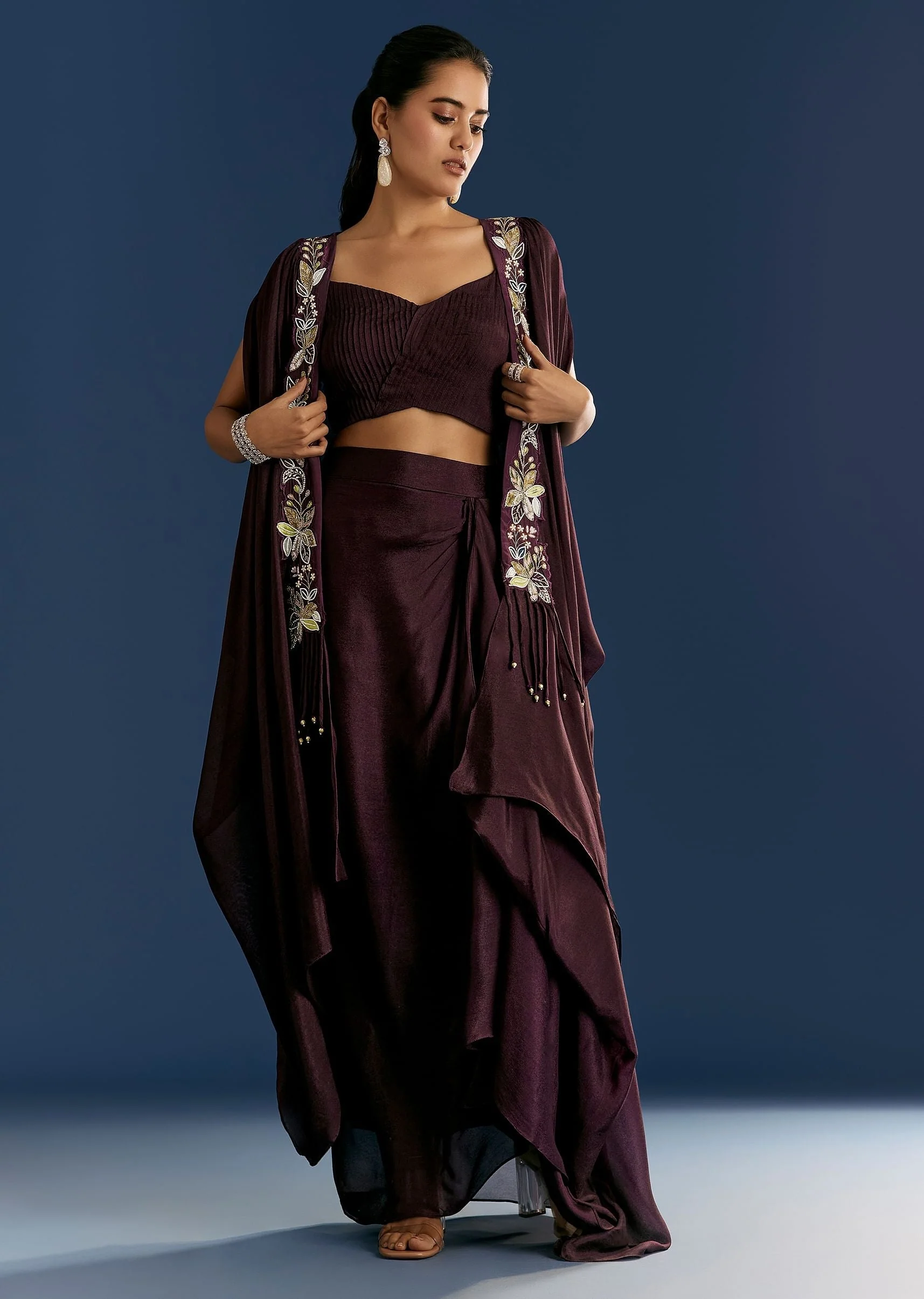 Wine Georgette Pintuck Croptop And Fancy Skirt With Embroidered Cape - Image 3