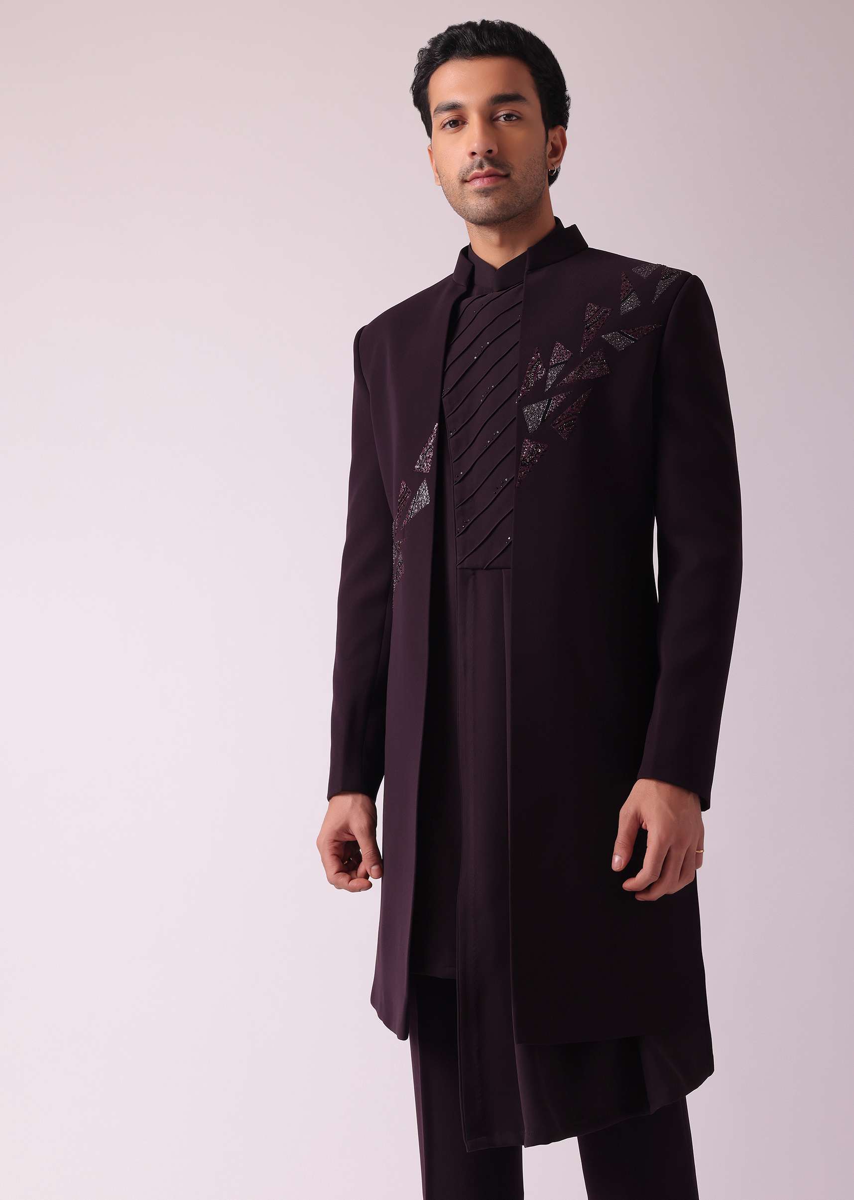 Wine Purple Embroidered Indowestern In Suiting Fabric - Image 4