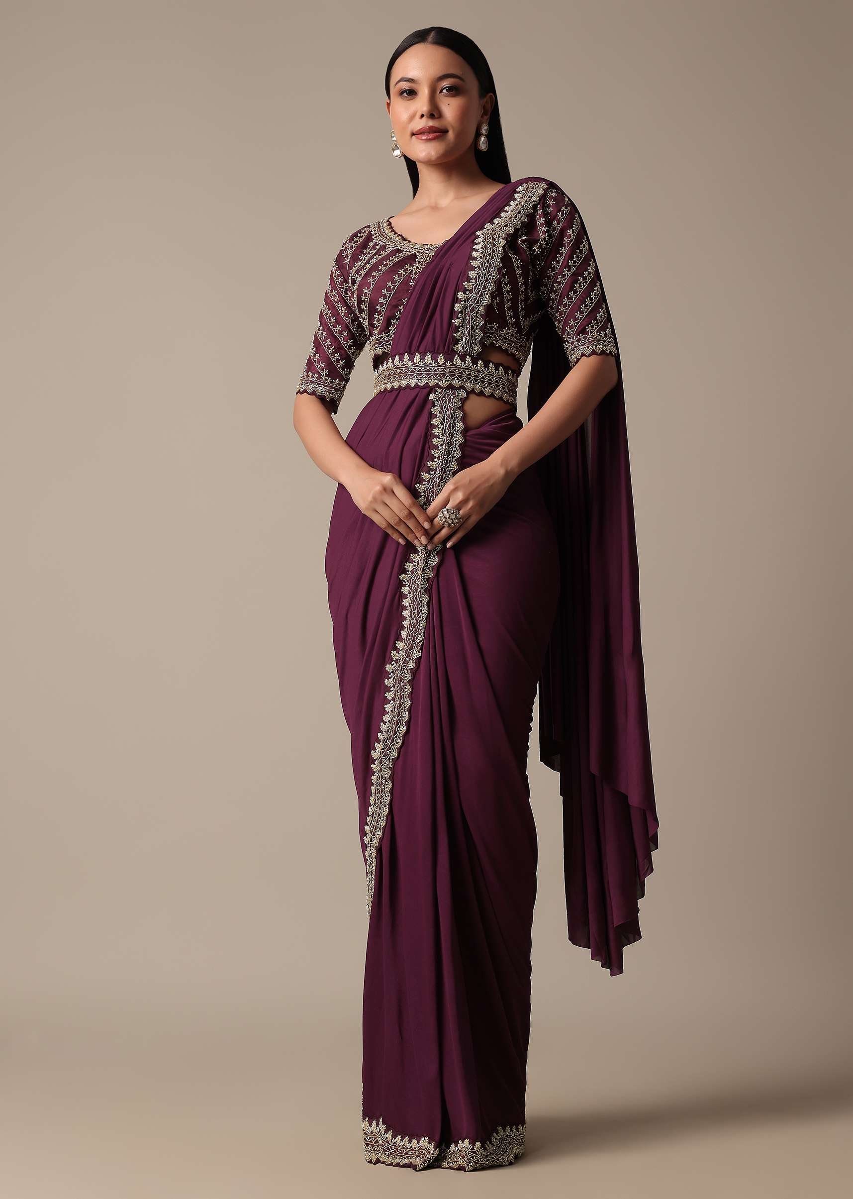 Wine Ready Pleated Saree With Embellished Blouse - Image 3