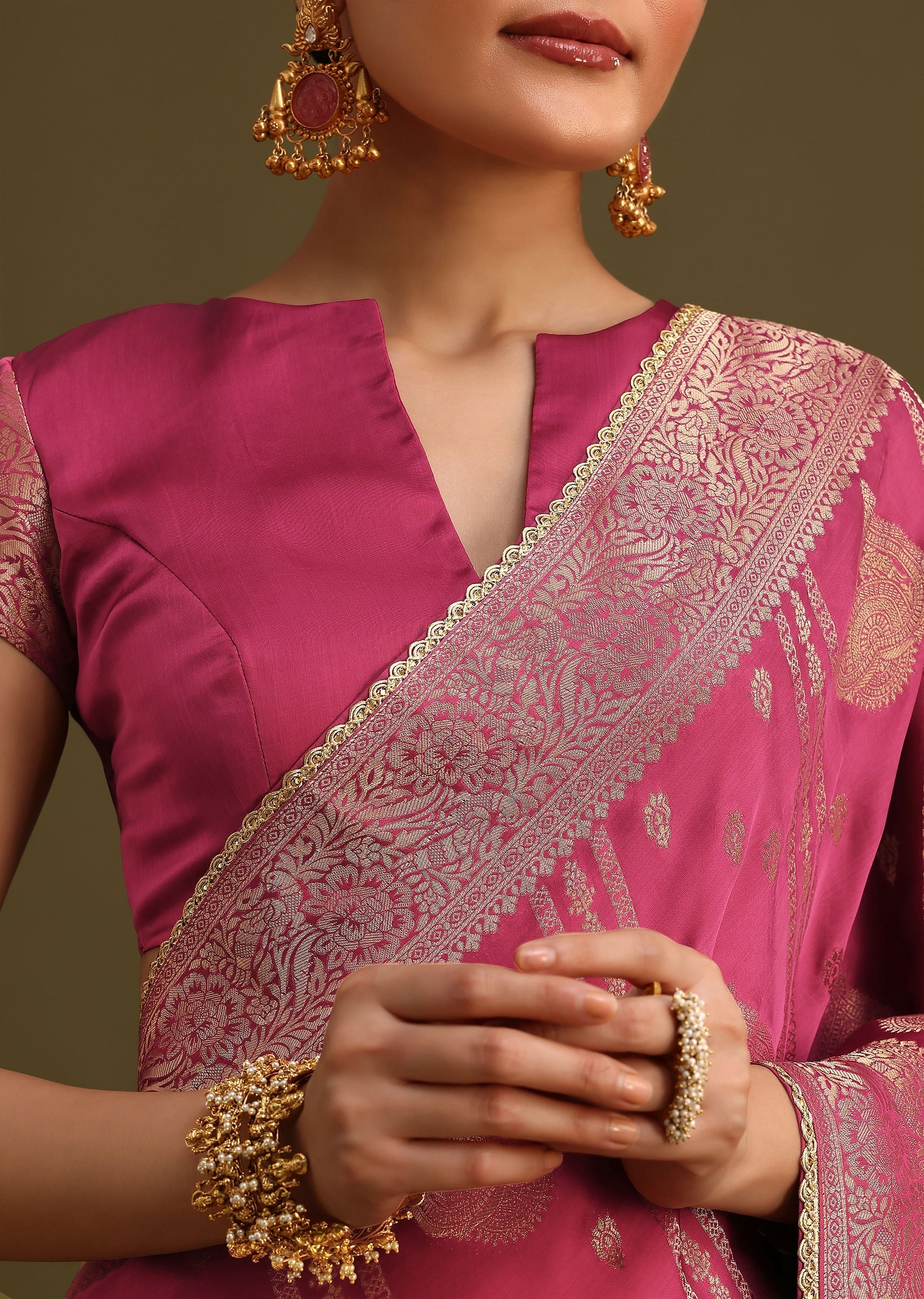 Wine Satin Brocade Zari Weave Saree - Image 5