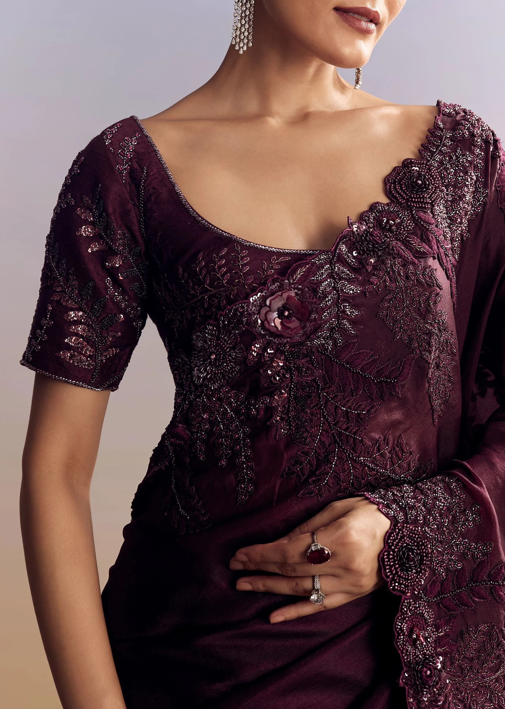 Wine Satin Saree With Heavy Floral Embroidery In Sequins And Cutdana - Image 3