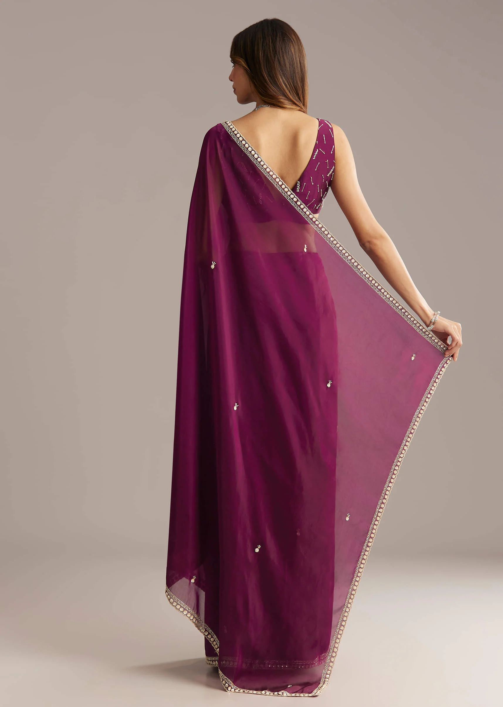Wine Silk Saree With Stone And Sequin Embroidery - Image 2