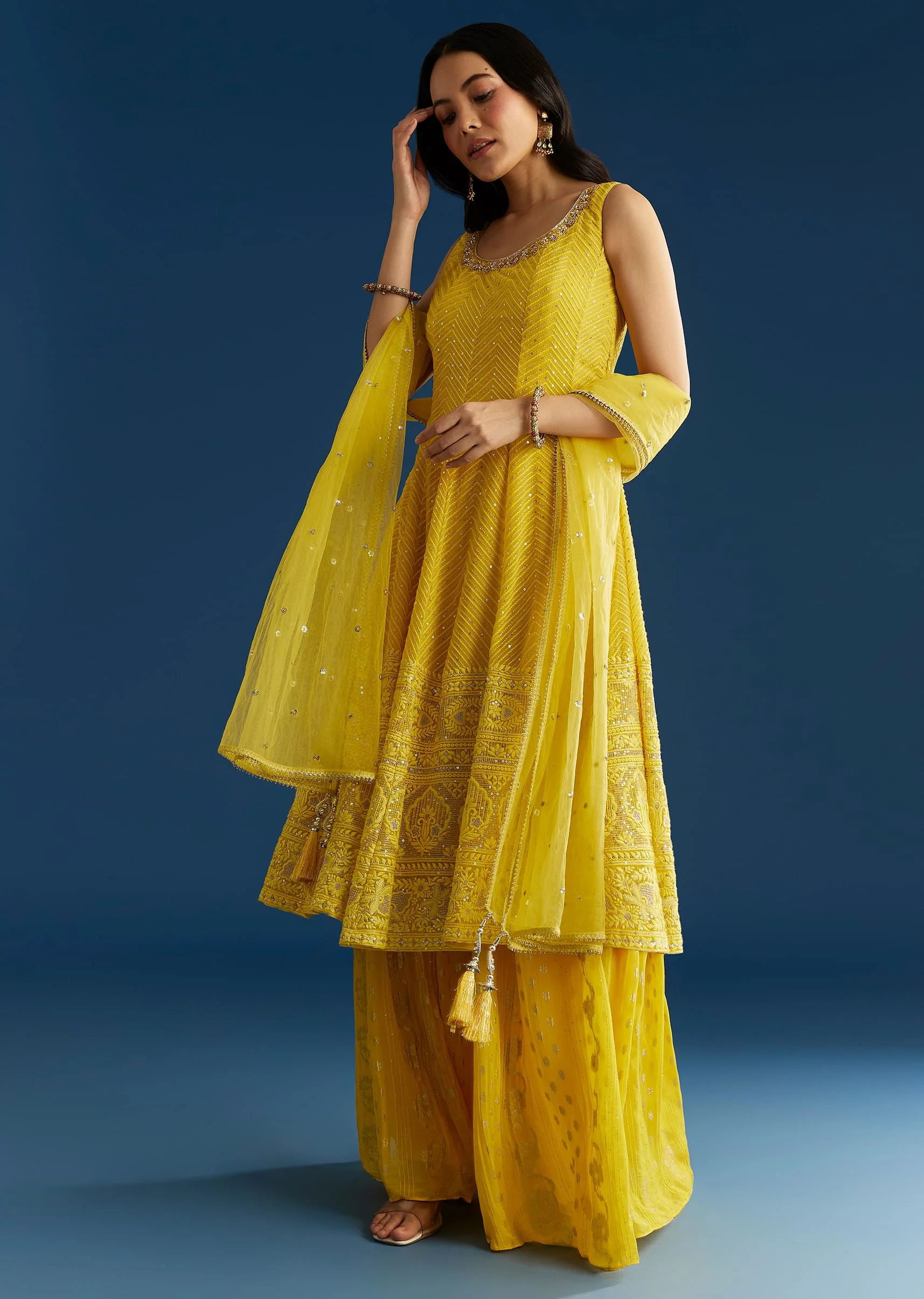 Yellow A Line Georgette Kurta Palazzo Suit - Image 3