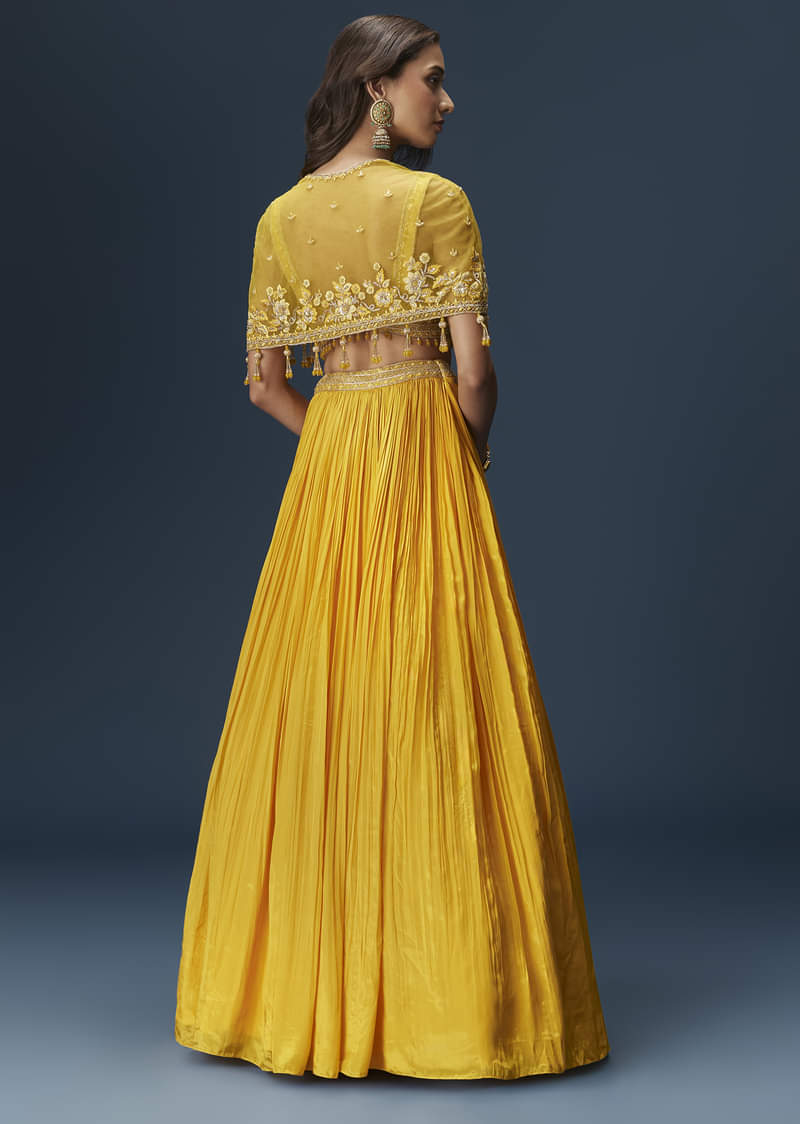 Yellow Bridesmaid Lehenga With Sleeveless Blouse And Draped Cape - Image 2