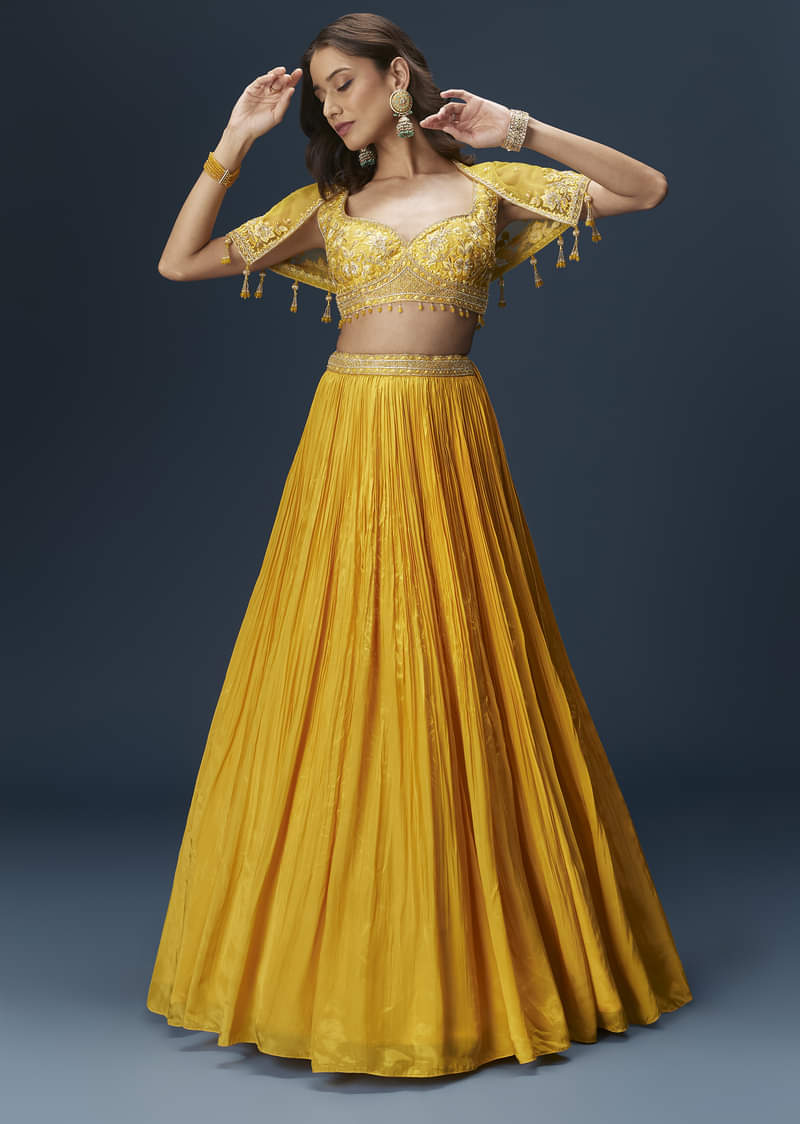 Yellow Bridesmaid Lehenga With Sleeveless Blouse And Draped Cape - Image 3