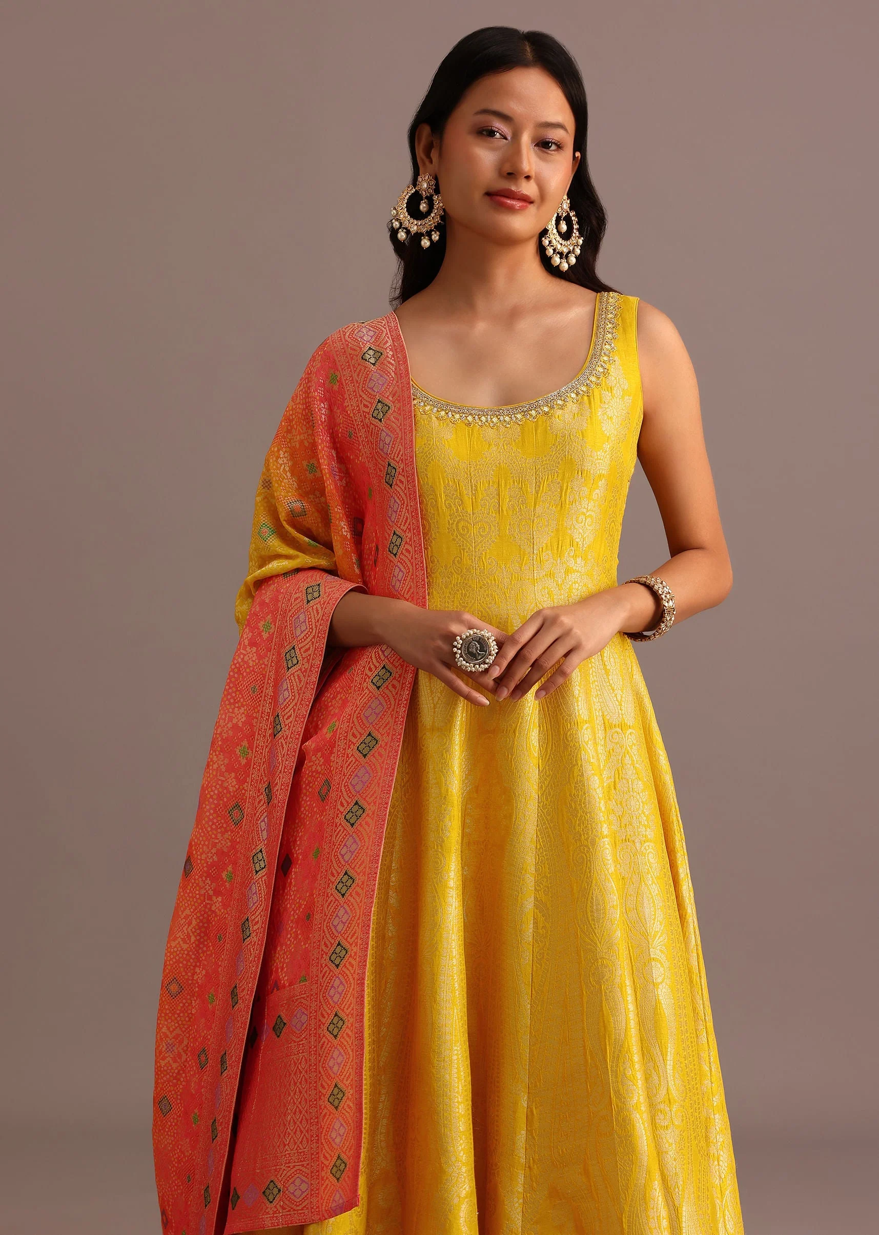 Yellow Brocade Weave Anarkali Set With Dupatta - Image 4