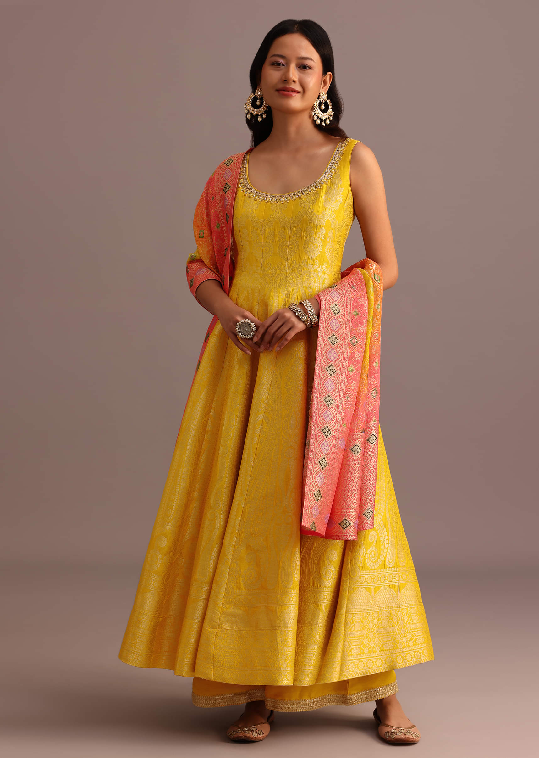 Yellow Brocade Weave Anarkali Set With Dupatta - Image 8