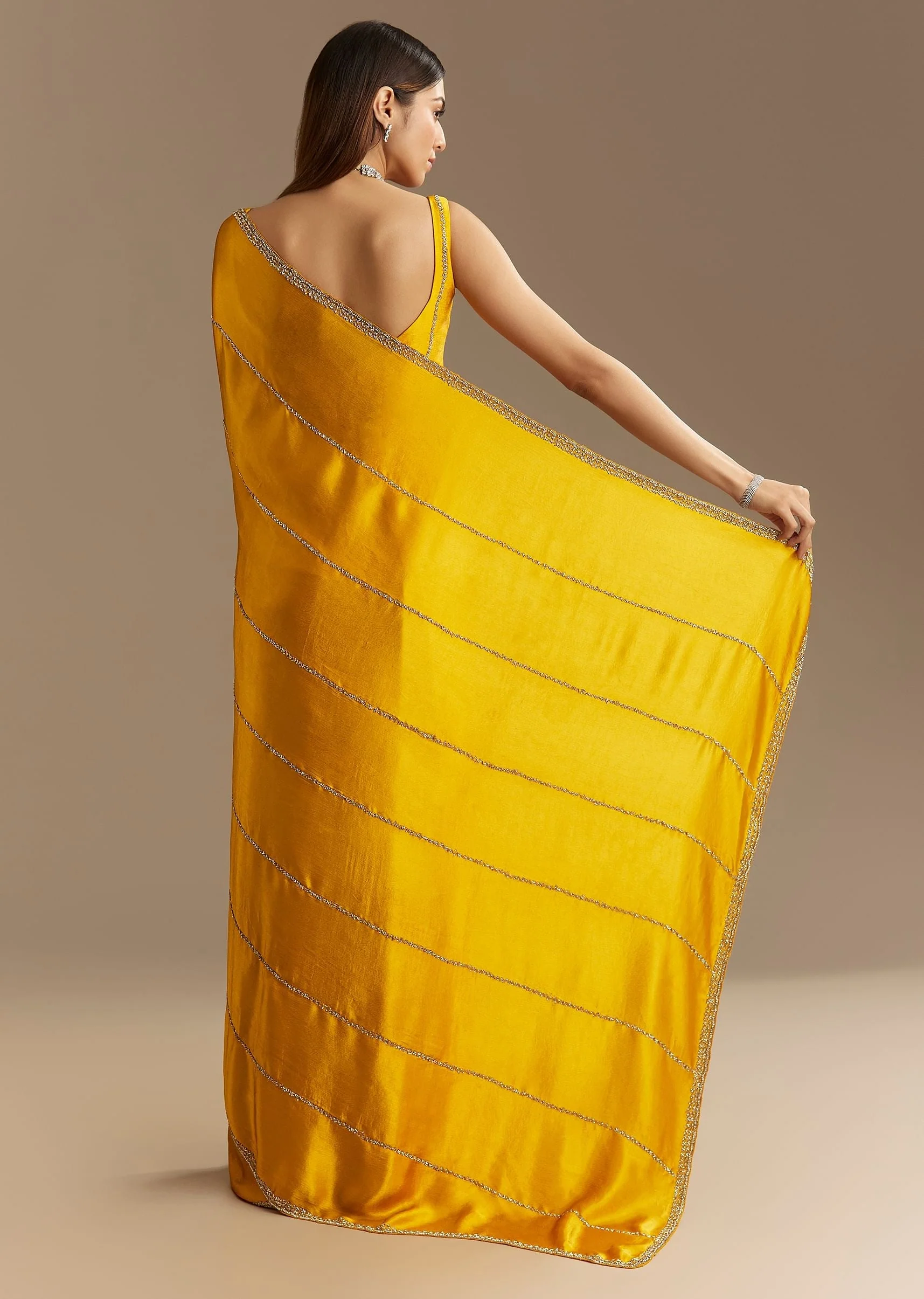 Yellow Chinon Saree With Cutdana Embroidery - Image 6