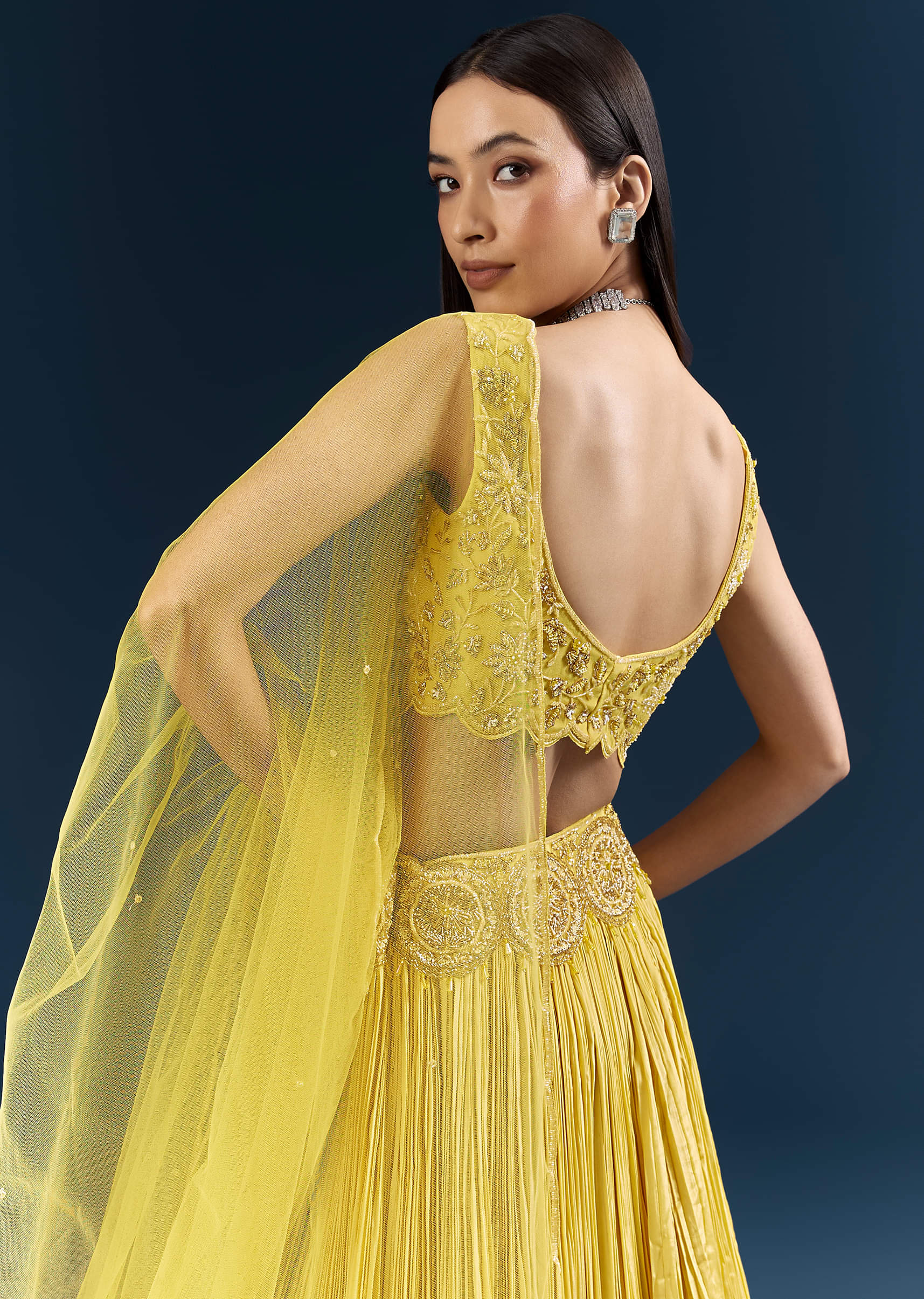 Yellow Crepe Bridesmaid Lehenga With Heavy Embroidery - Image 5