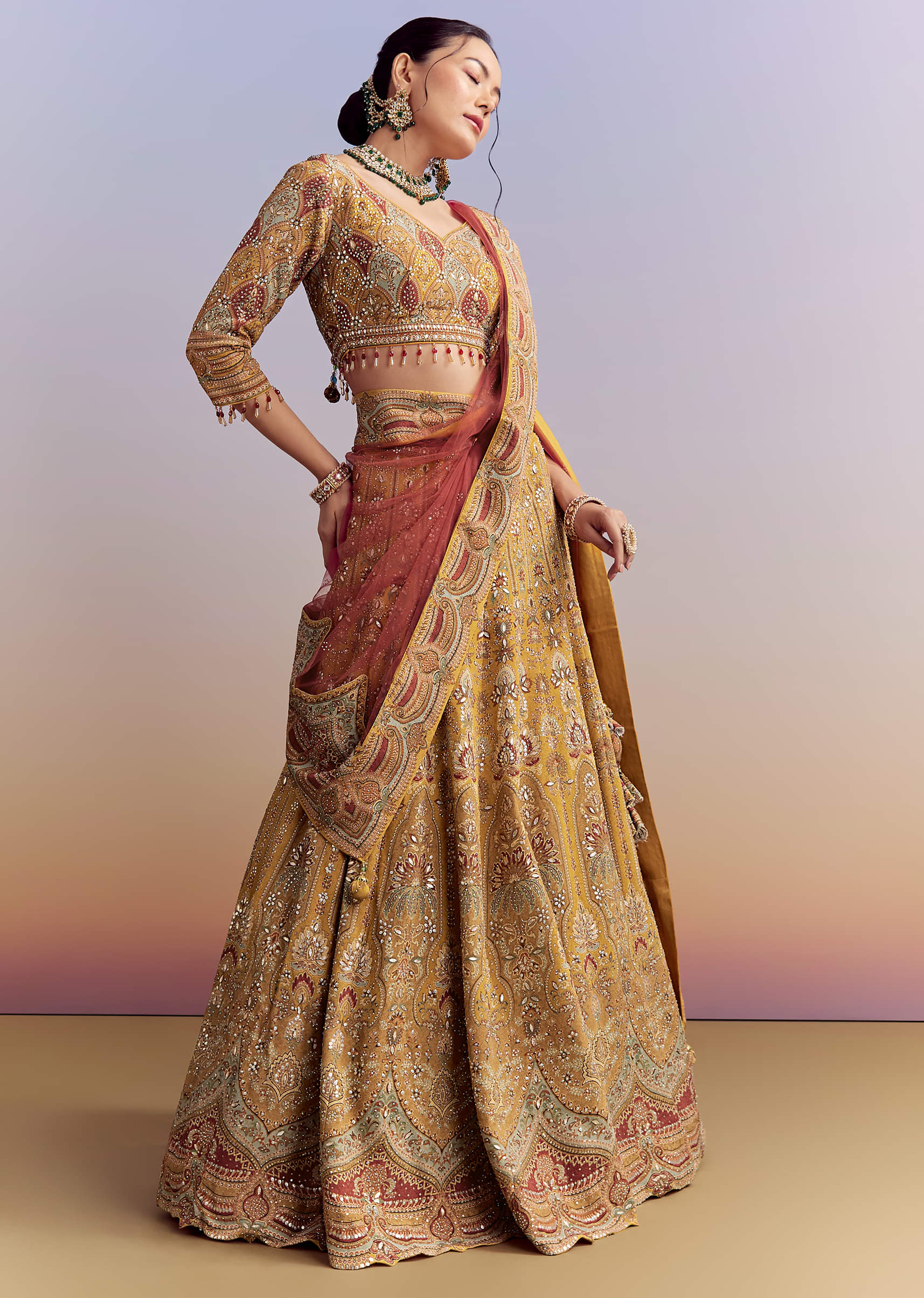 Yellow Crepe Printed Bridesmaid Lehenga With Heavy Hand Embroidery - Image 4