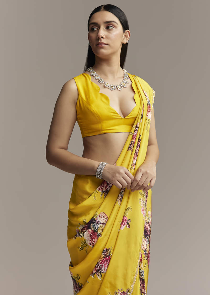 Yellow Crepe Saree With Floral Digital Print And Sequin Embroidery - Image 5