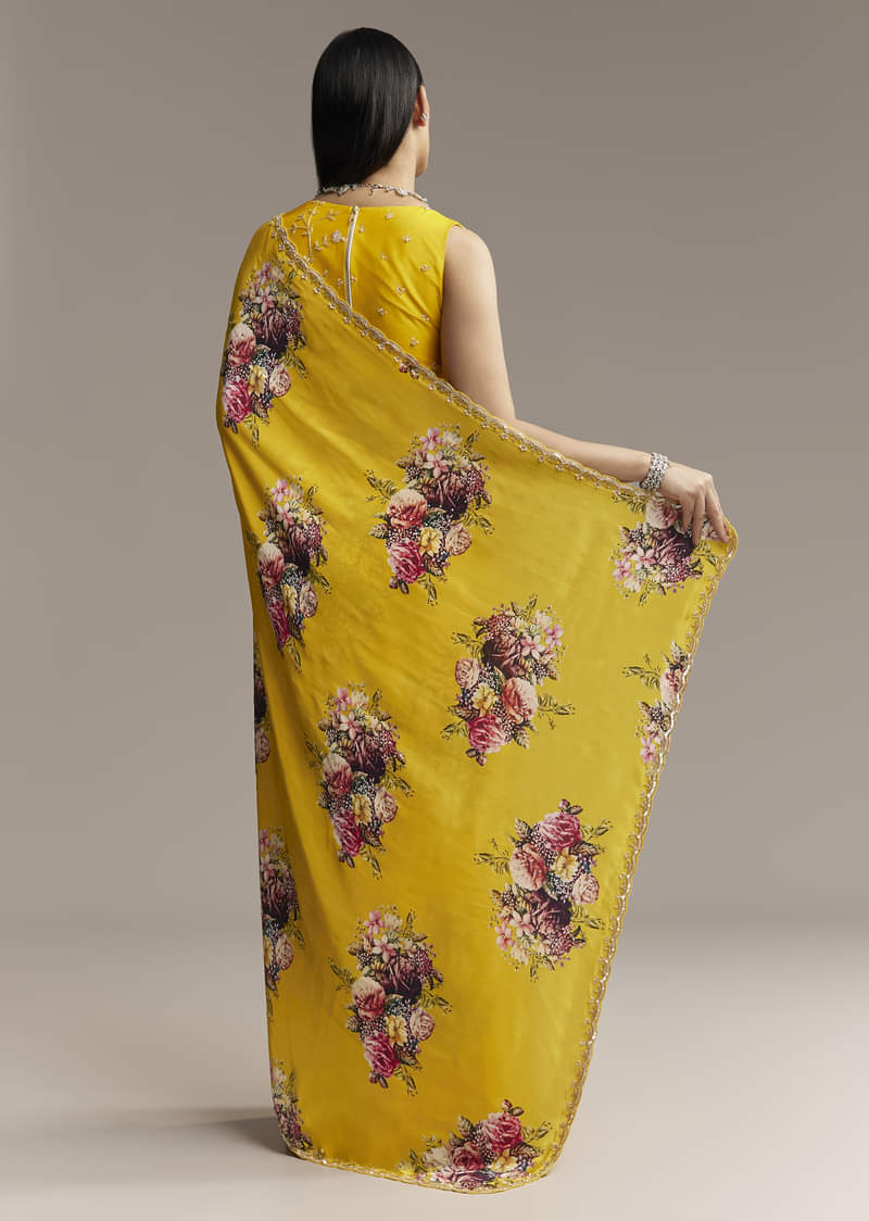 Yellow Crepe Saree With Floral Digital Print And Sequin Embroidery - Image 6