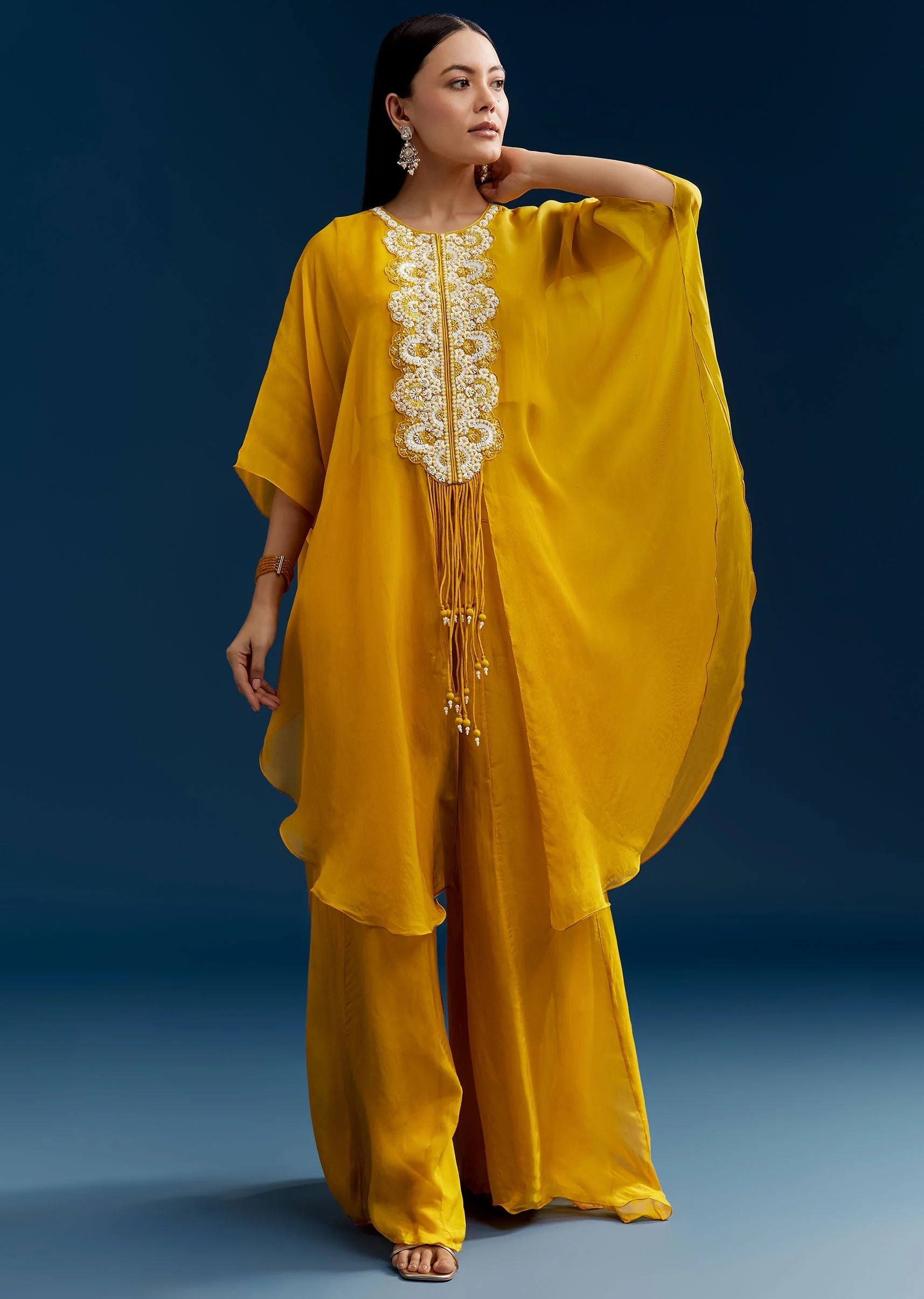 Yellow Crop Top Cape Set With Embroidery And Fancy Sleeves - Image 3
