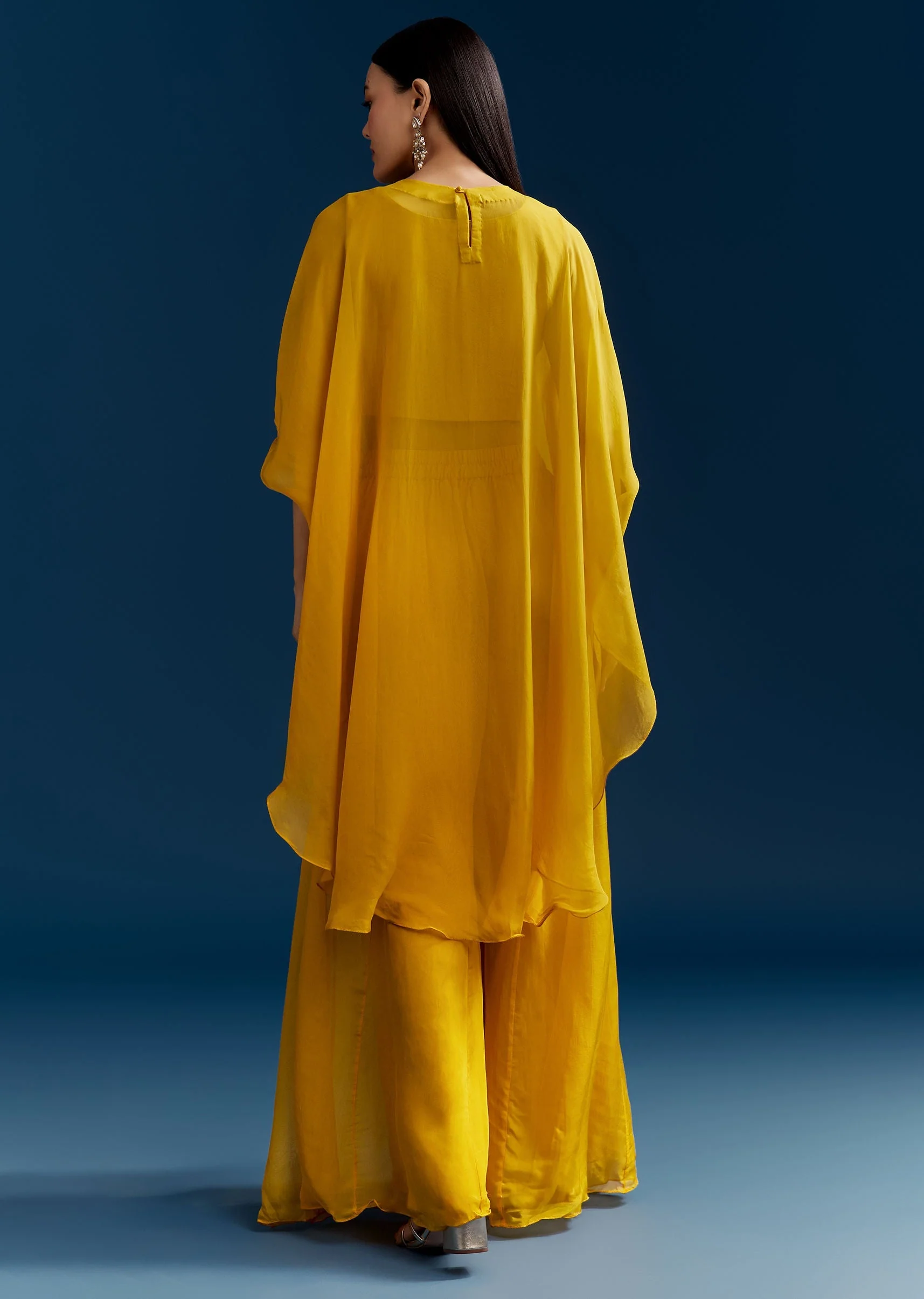 Yellow Crop Top Cape Set With Embroidery And Fancy Sleeves - Image 5