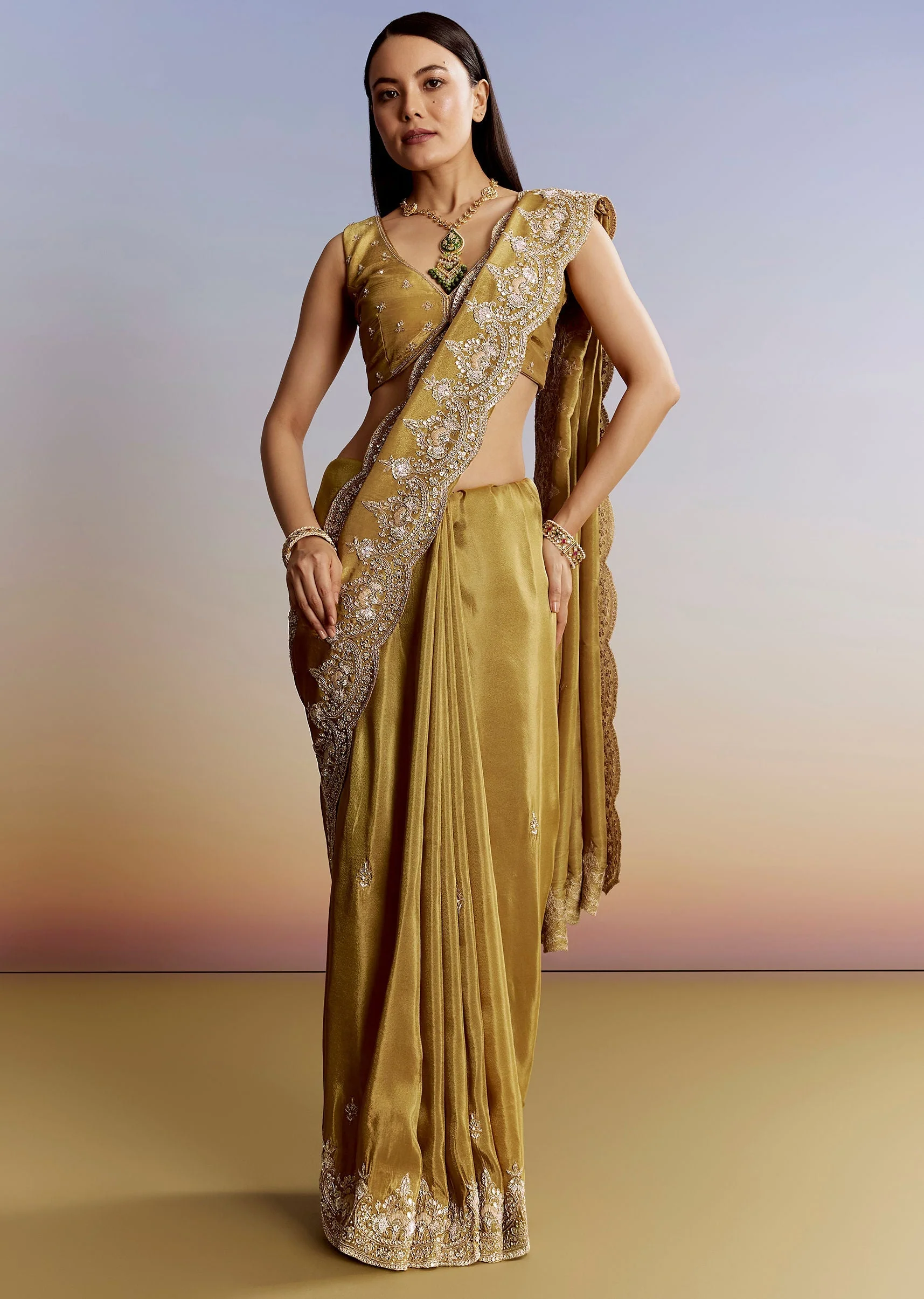 Yellow Crush Tissue Saree With Gota Zari And Beads Embroidery - Image 3