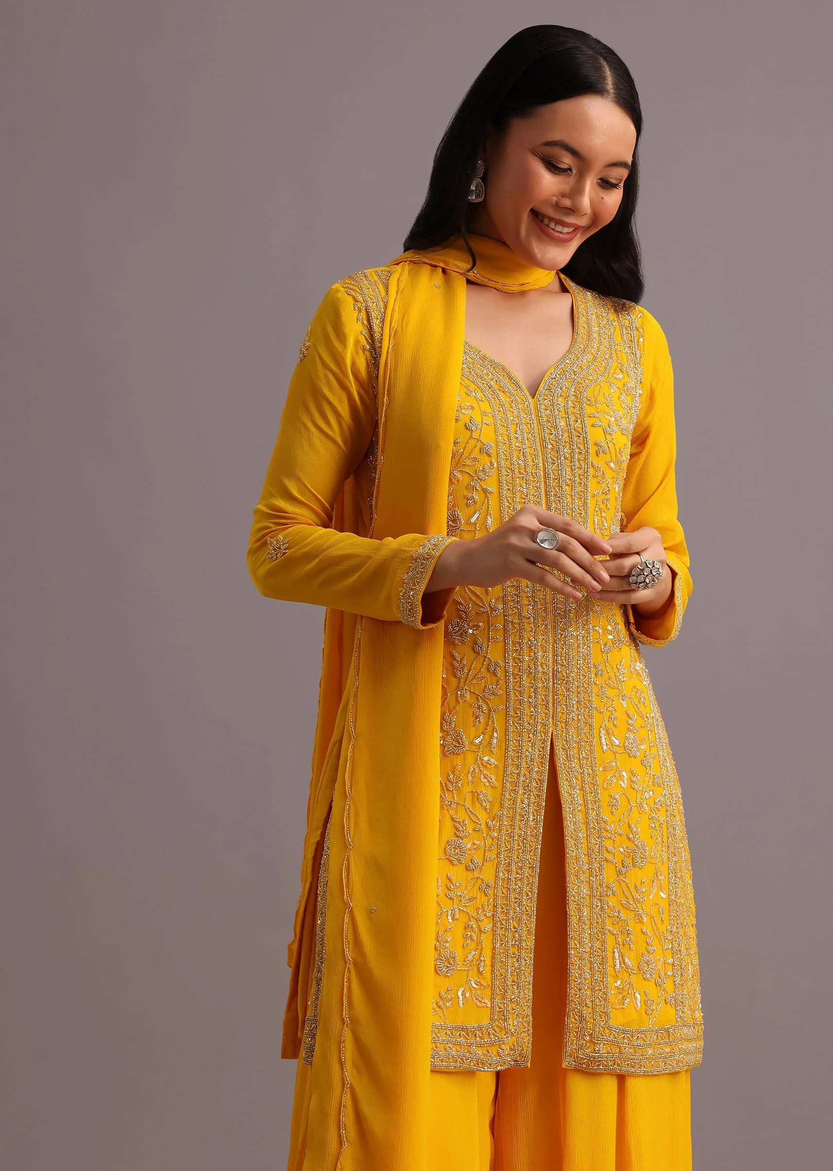 Yellow Cutdana Kurti Palazzo Suit With Dupatta - Image 4