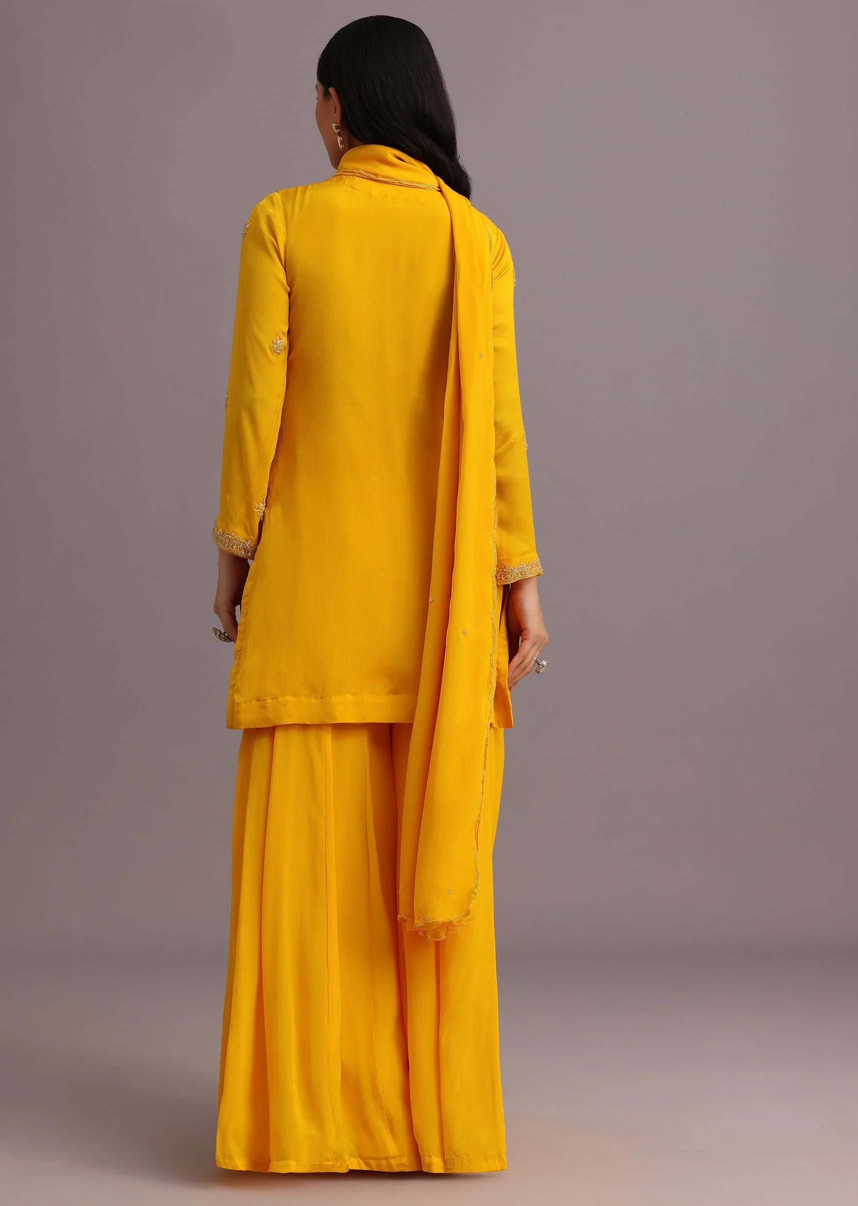 Yellow Cutdana Kurti Palazzo Suit With Dupatta - Image 5