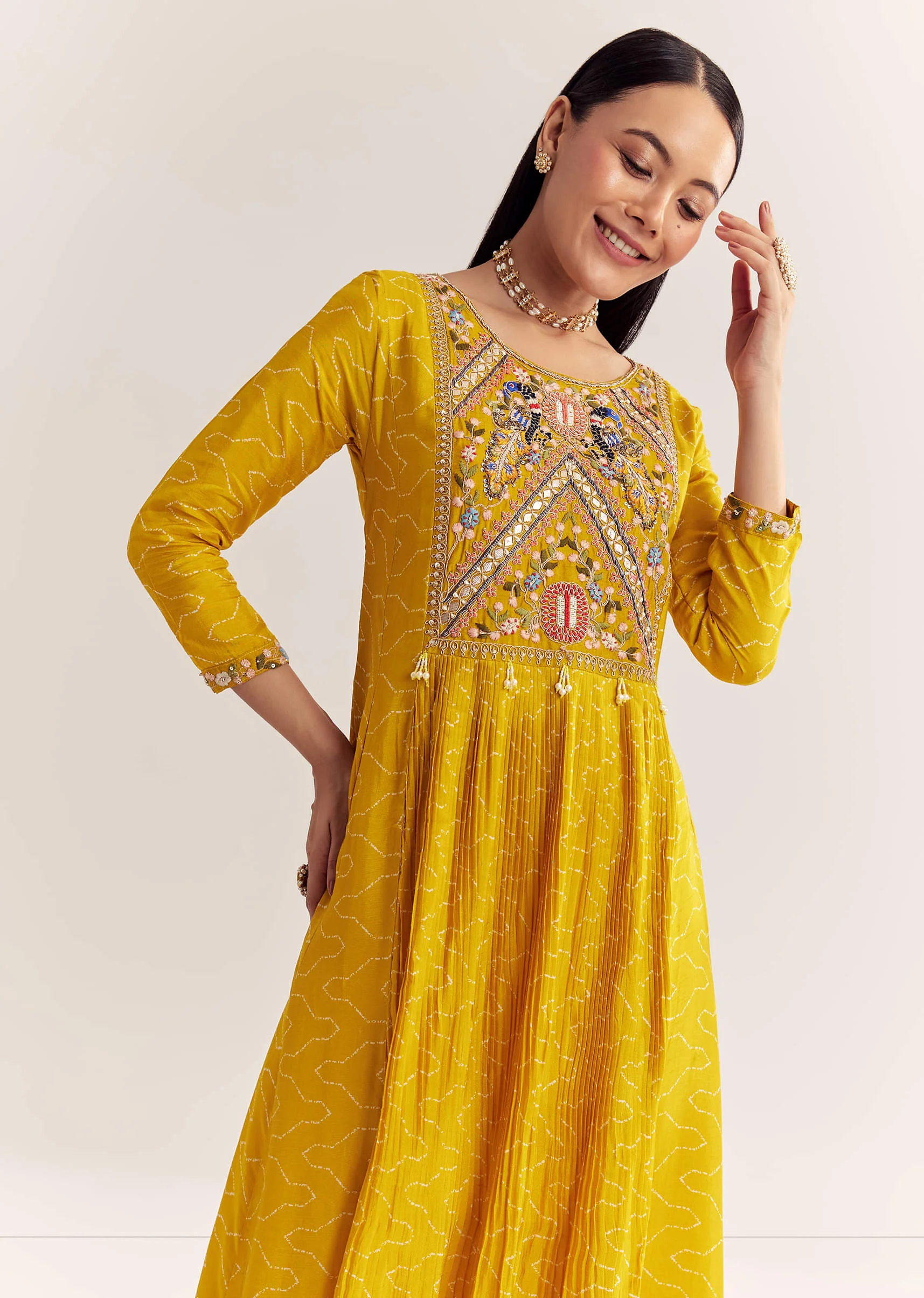 Yellow Dola Silk Gown With Embroidery - Image 6
