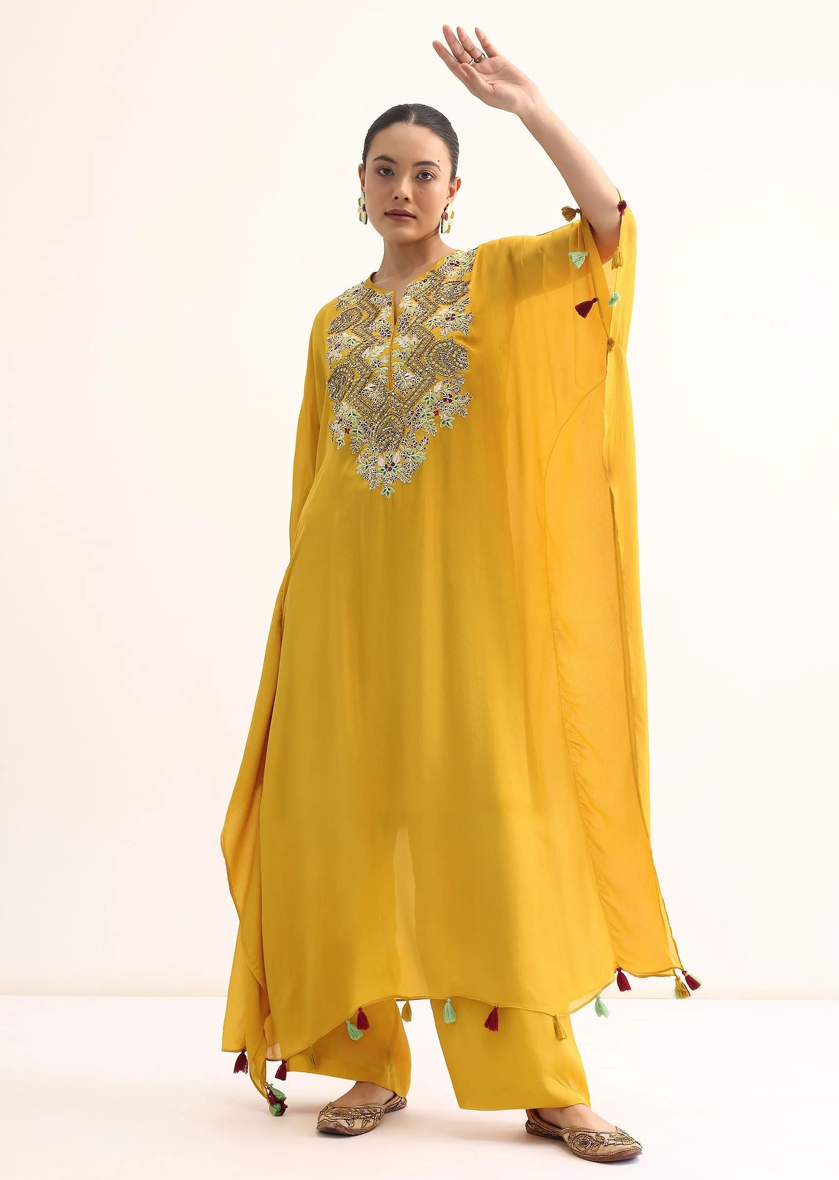 Yellow Embroidered Kaftan Kurta Set - Image 3