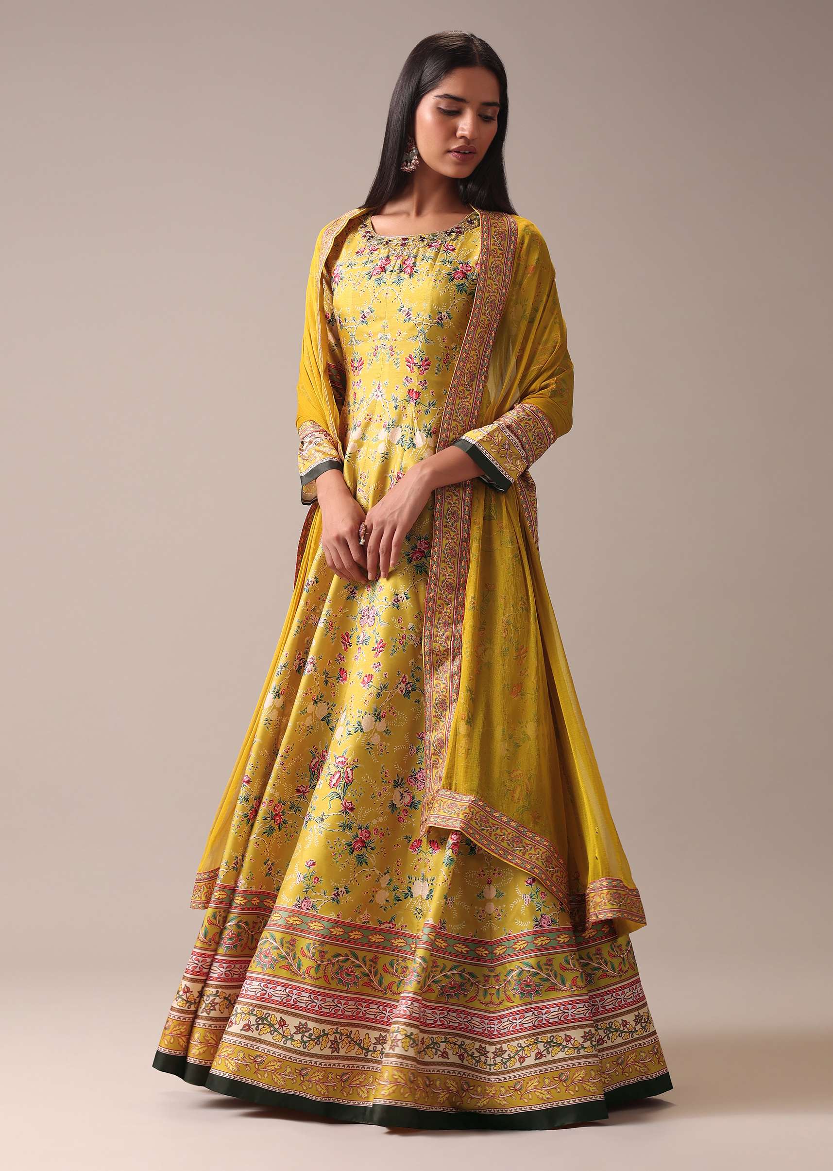 Yellow Floral Printed Anarkali Suit Set In Silk - Image 3
