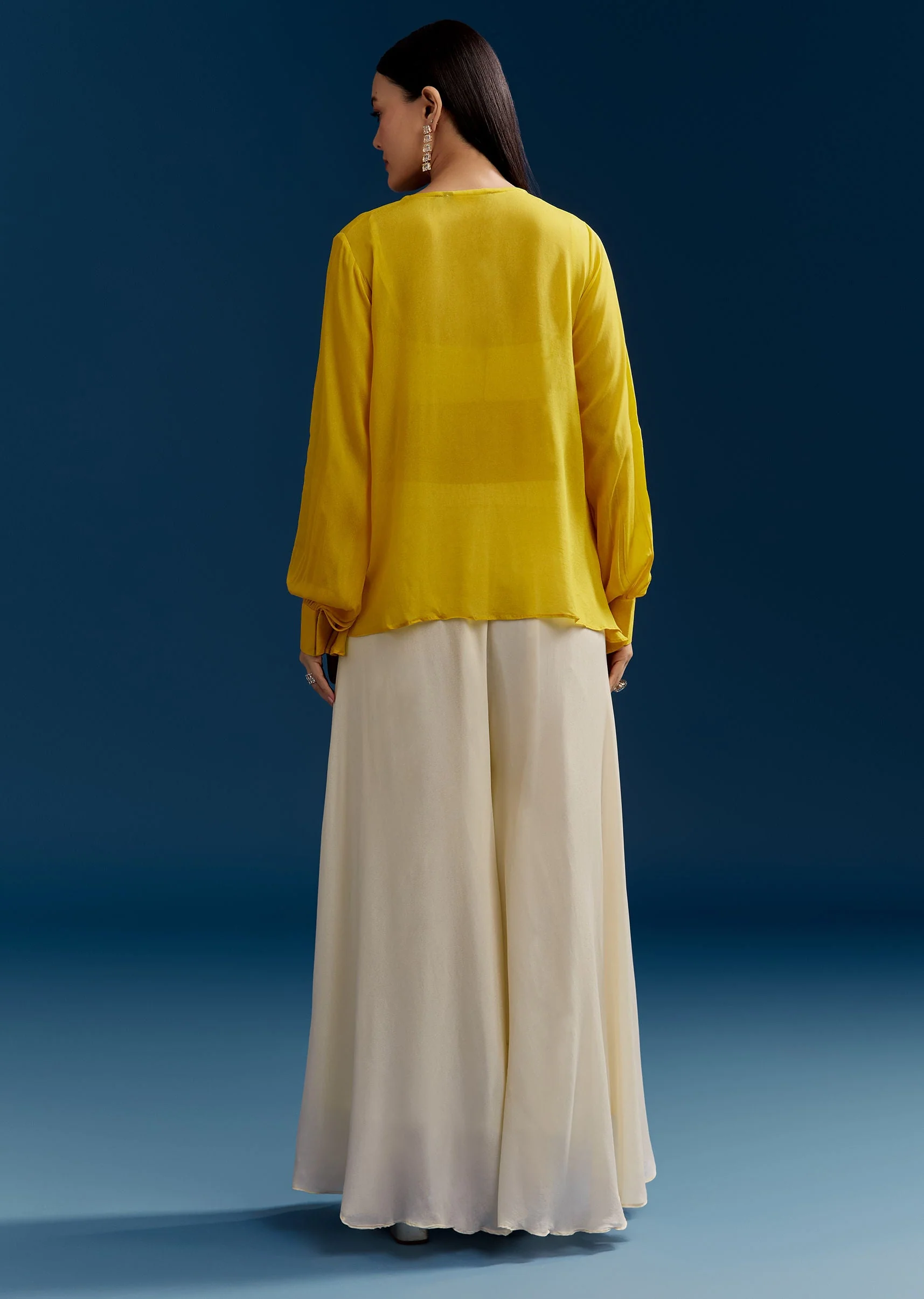 Yellow Georgette Crop Top With Mirror Work - Image 5