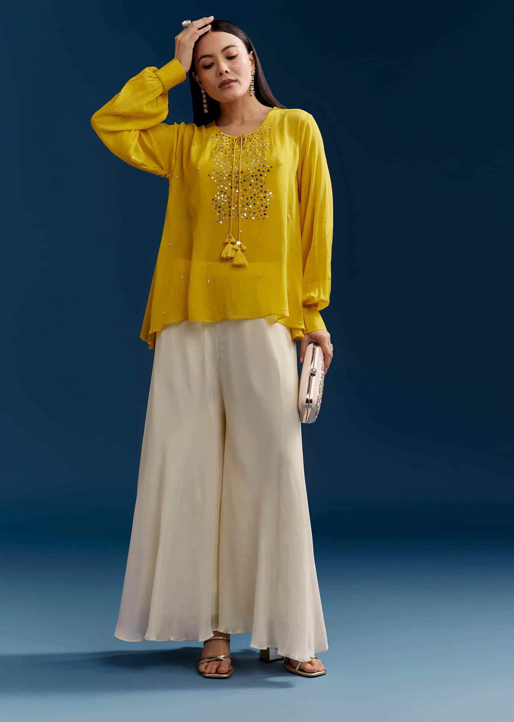 Yellow Georgette Crop Top With Mirror Work - Image 7